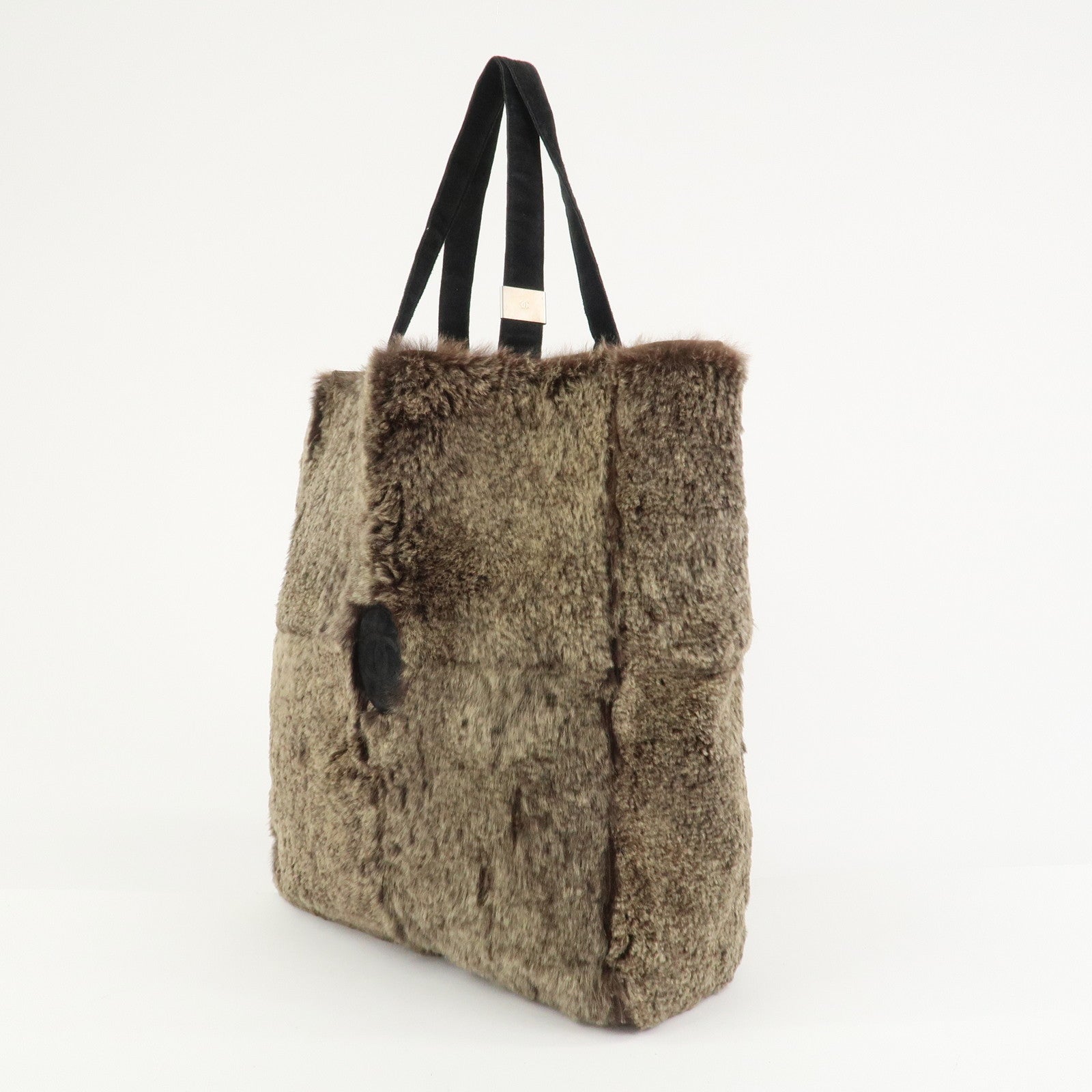 CHANEL COCO Mark Fur Suede Tote Bag Hand Bag Brown Black