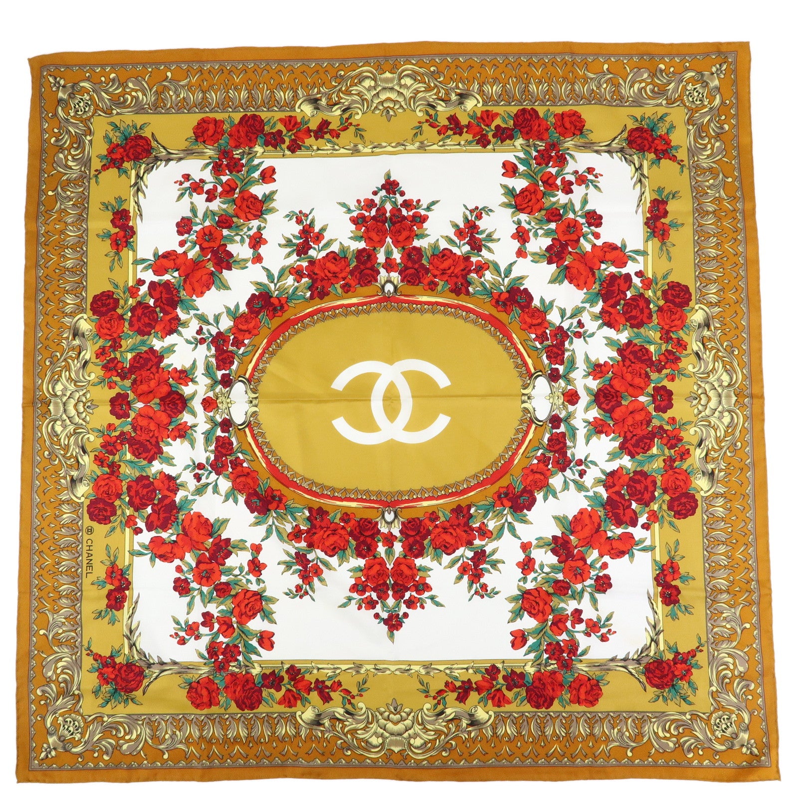 CHANEL Silk 100% Scarf COCO Mark Flower Motif Gold Red
