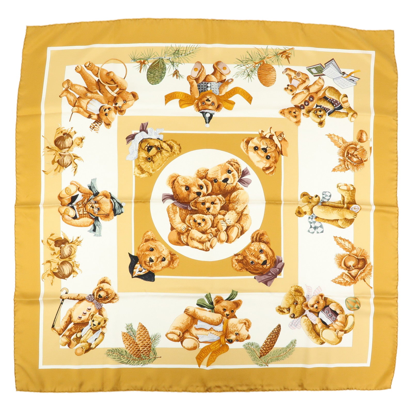 HERMES Carre 90 Silk 100% Scarf Confidents de Coeurs Bear Print