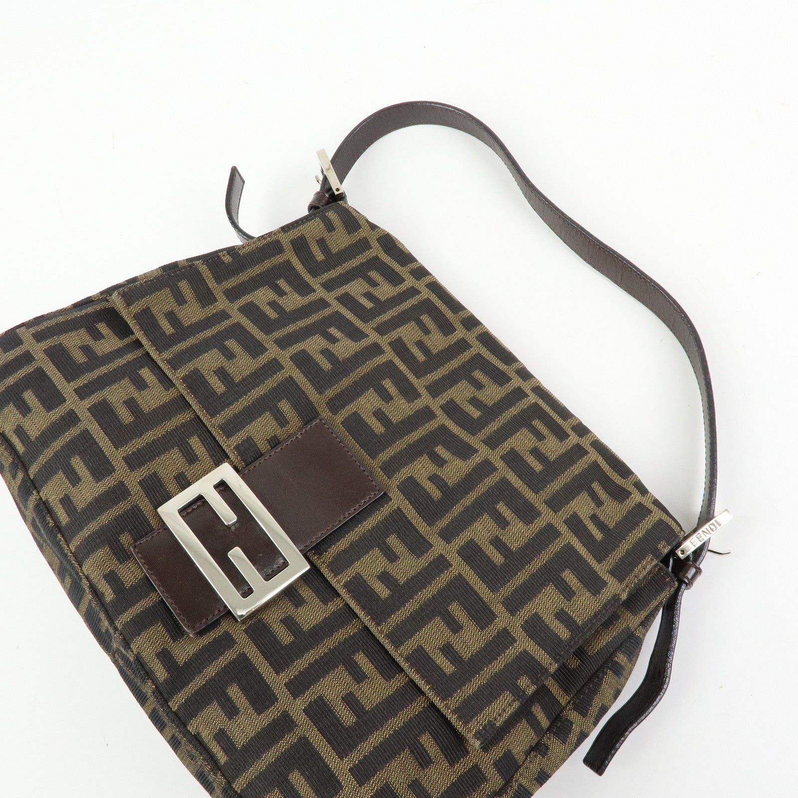FENDI Mamma Baguette Zucca Canvas Leather Shoulder Bag Brown 26325