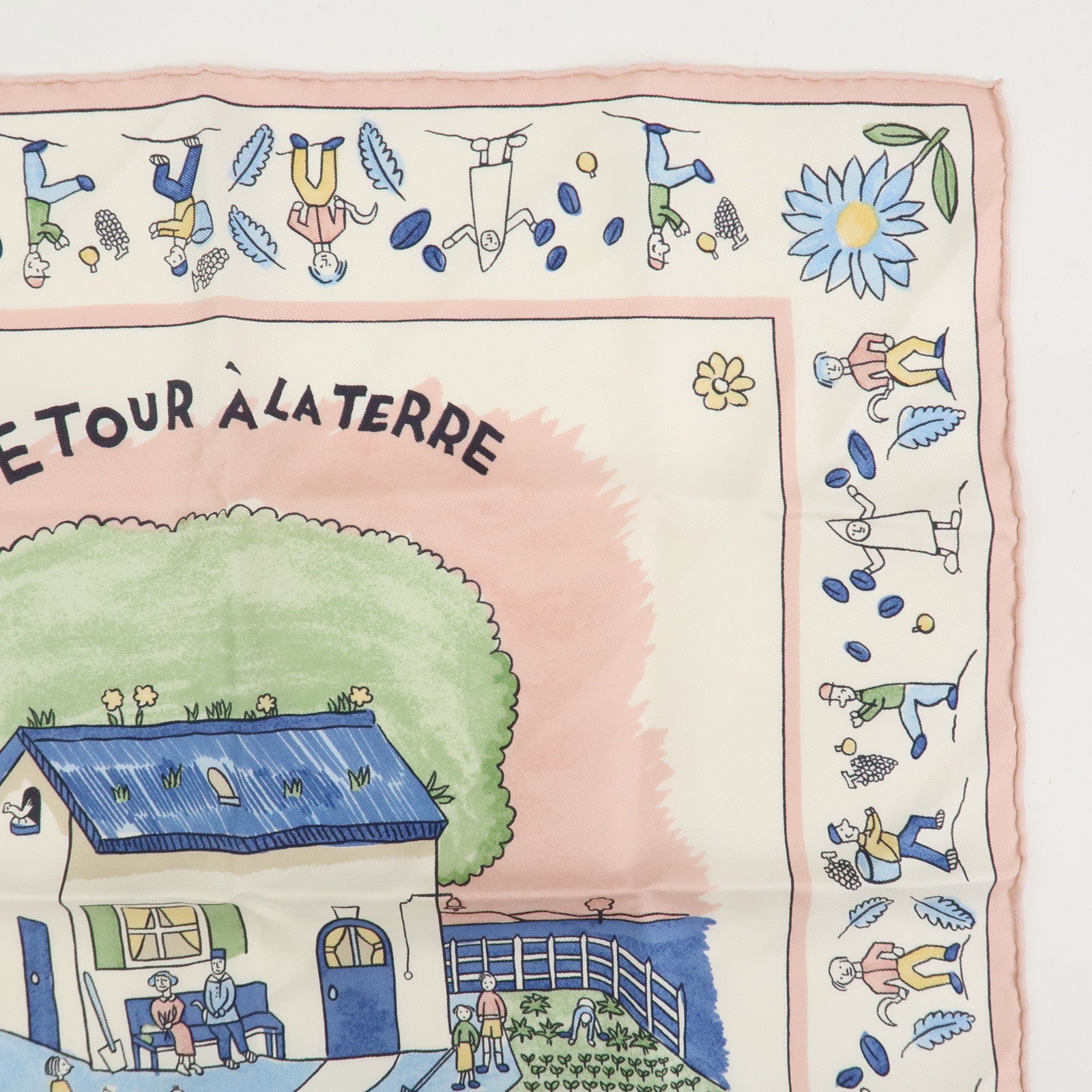 HERMES Carré45 RE TOUR A LA TERRE Scarf Silk 100% Ivory Pink
