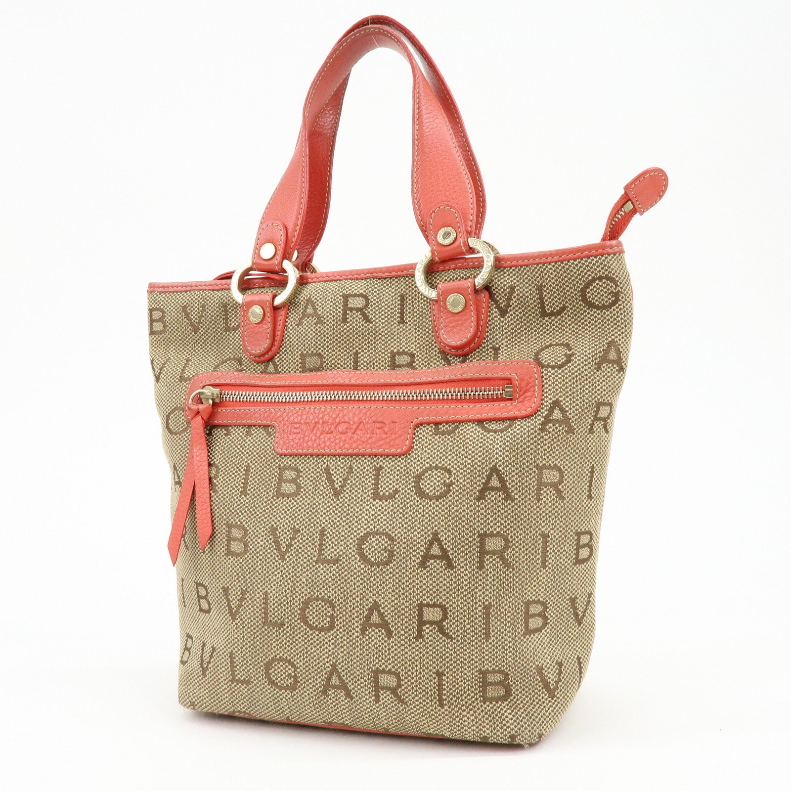 BVLGARI Logo Mania Jacquard Leather Tote Bag Hand Bag Beige Red