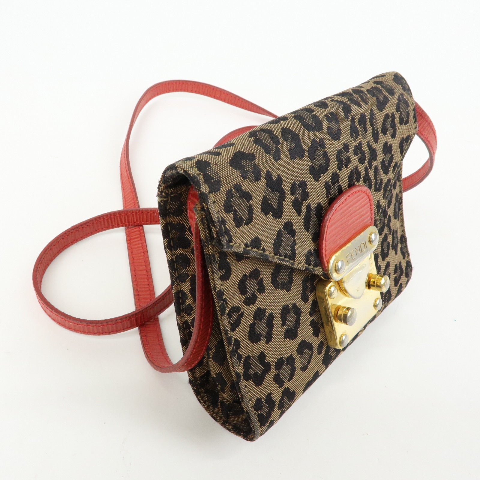 FENDI Leopard Canvas Leather 2Way Shoulder Bag Waist Bag Brown Red