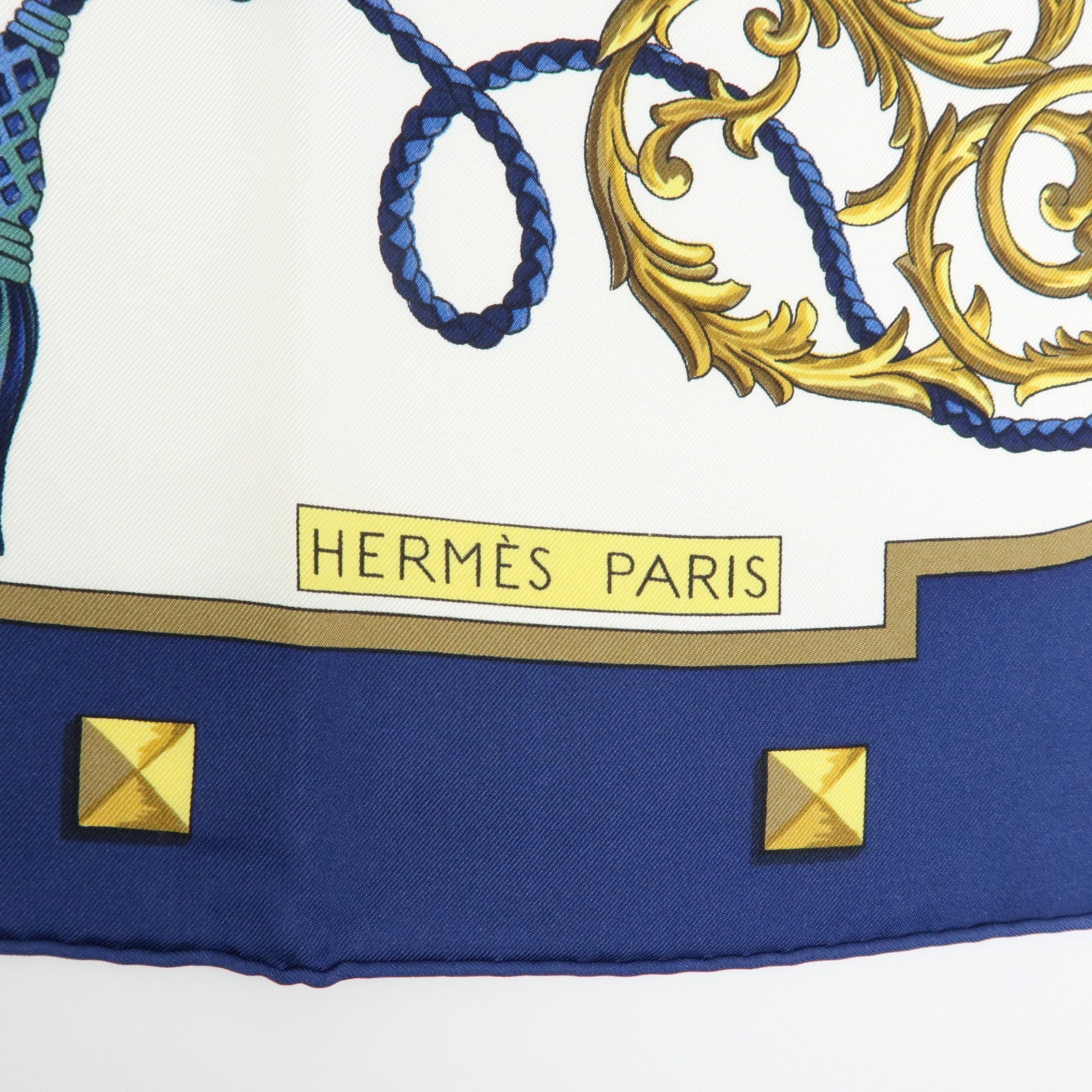 HERMES Carre 90 Silk 100% Scarf LES CLES THE KEYS RARE Navy Gold