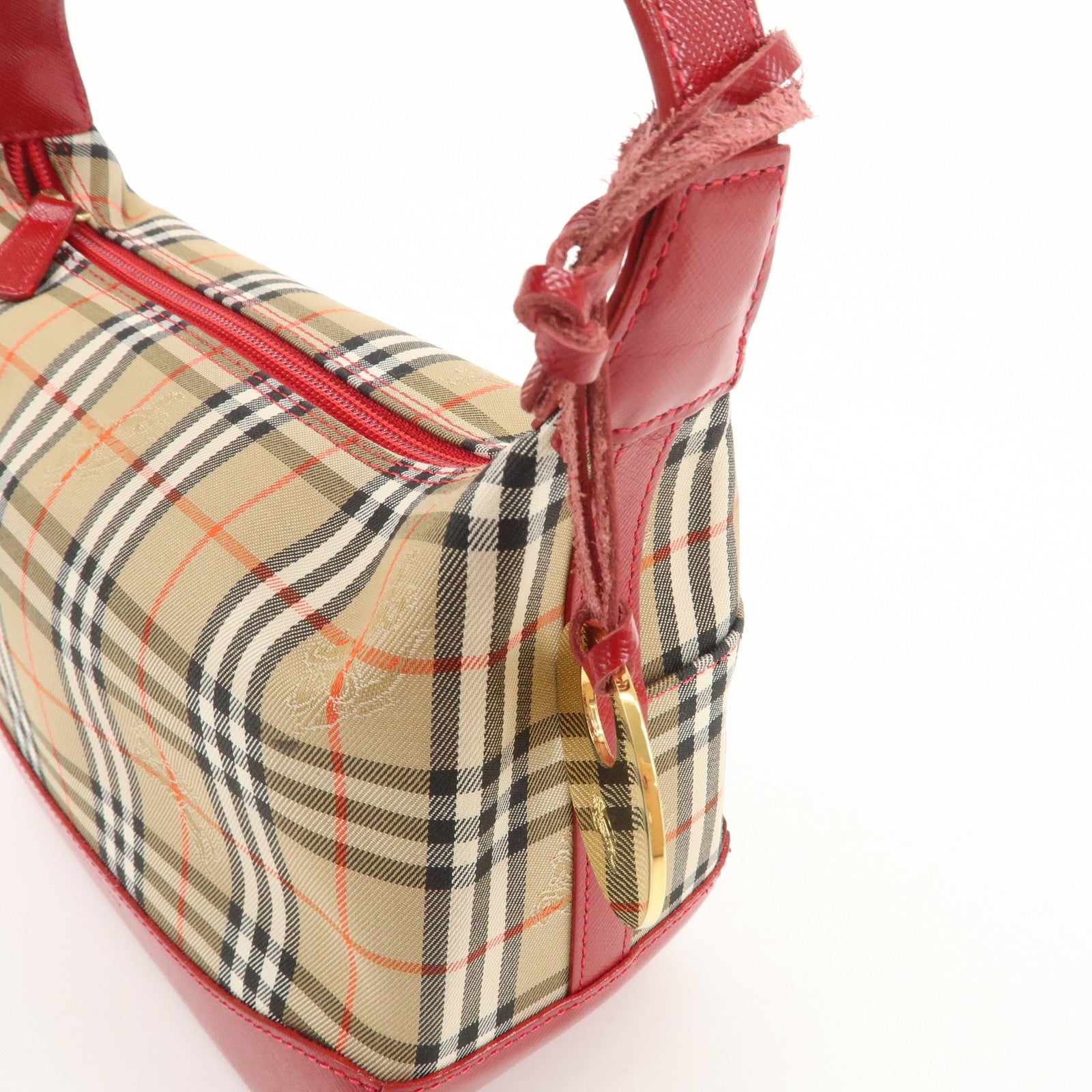 BURBERRY Nova Plaid Canvas Leather Hand Bag Shoulder Bag Beige Red