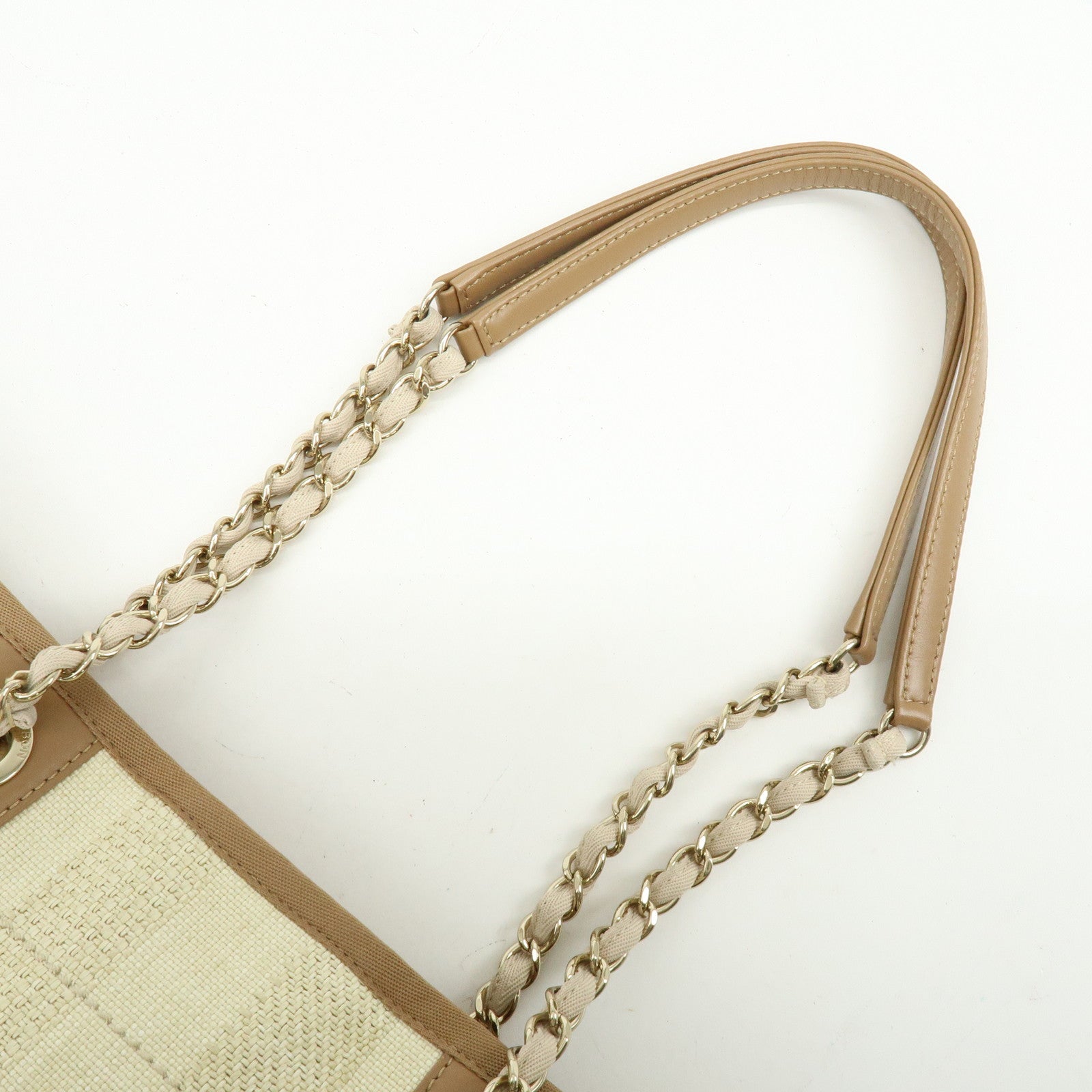 CHANEL Deauville MM Straw Leather Tote Shoulder Bag Beige A67001