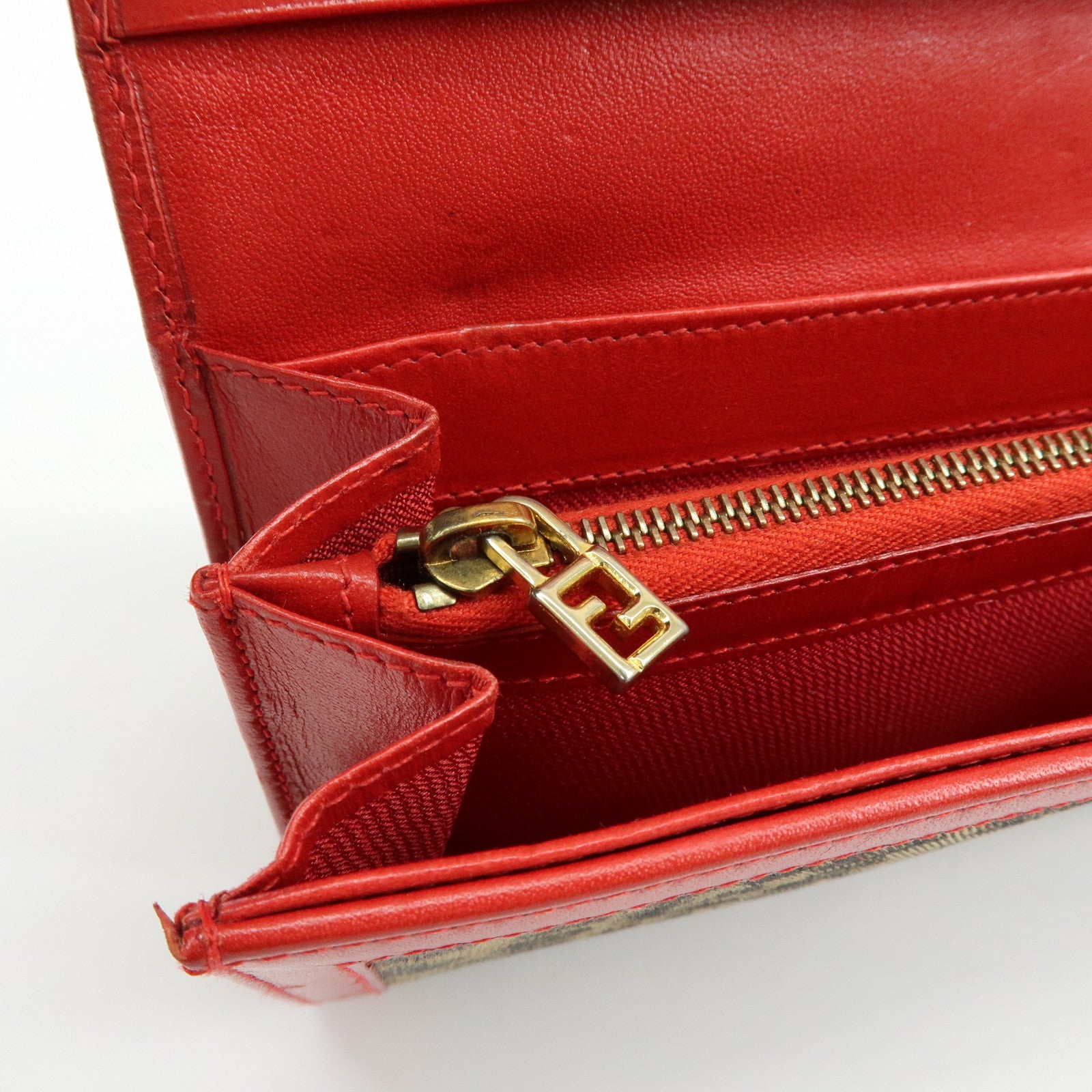 FENDI Zucca Canvas Leather Long Wallet Leopard Brown Red 30851