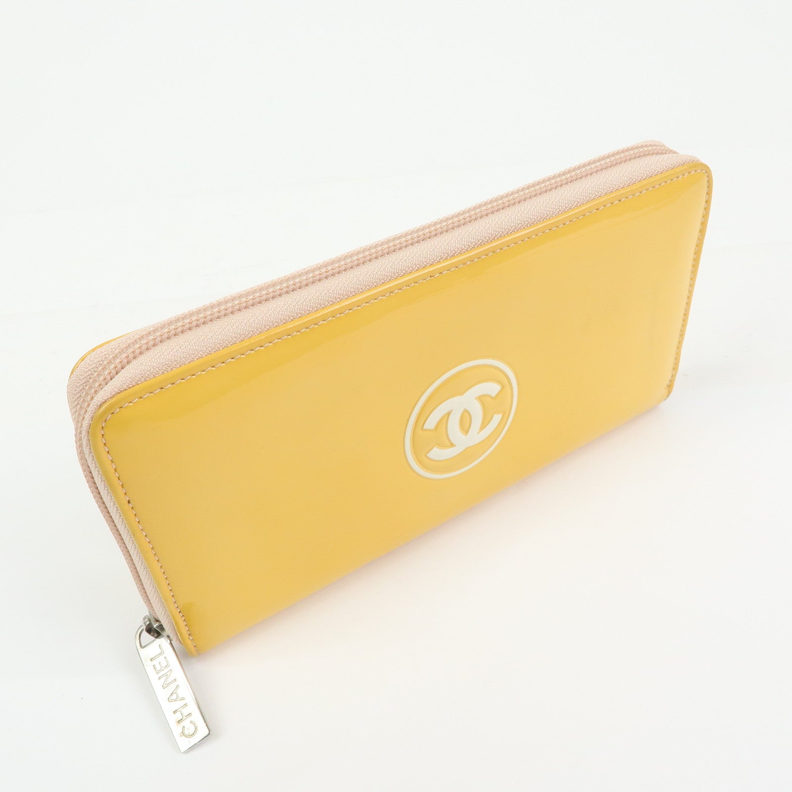 CHANEL Makeup COCO Mark Patent Leather Long Wallet Yellow