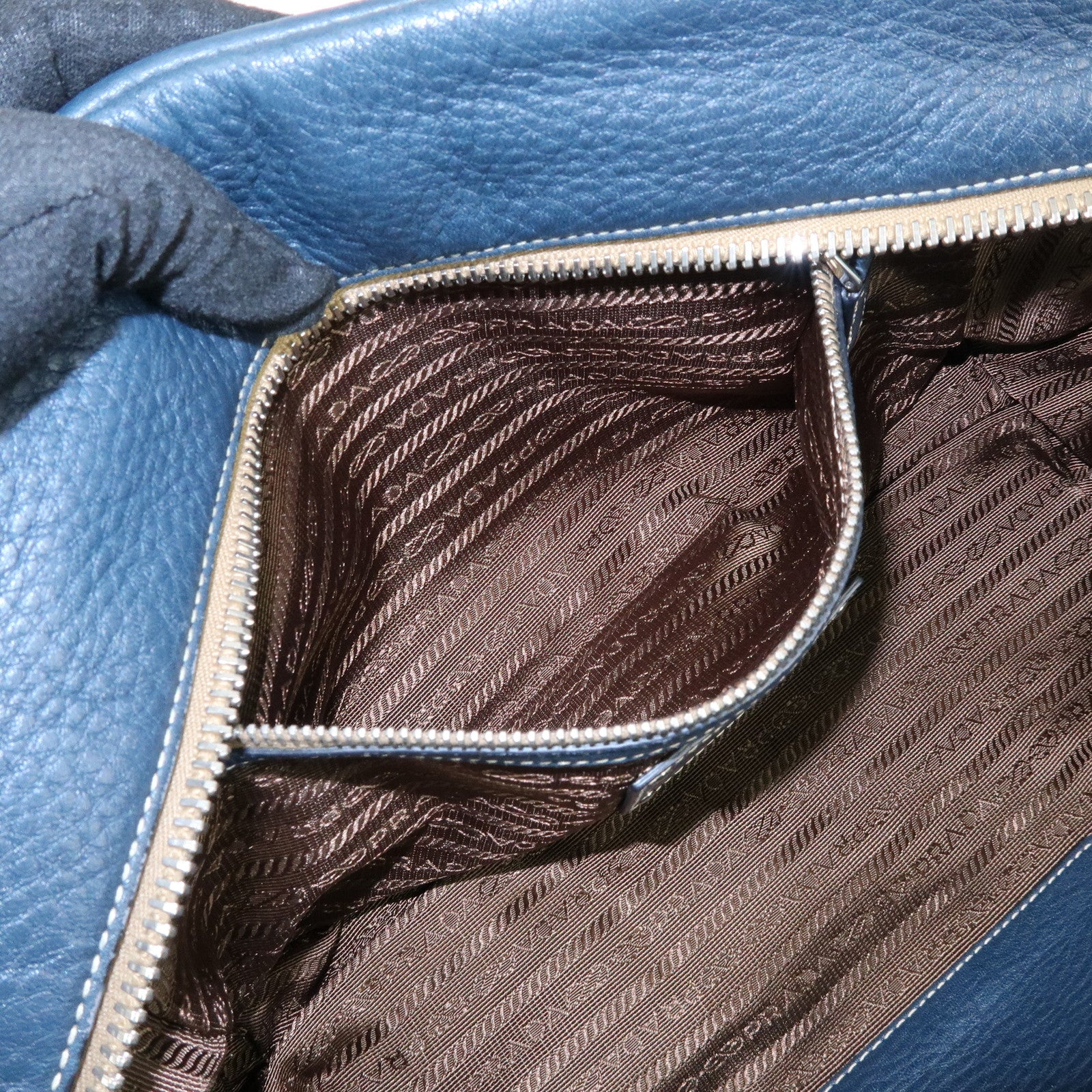 PRADA Calf Leather Boston Bag Shoulder Bag Hand Bag Navy BR3091