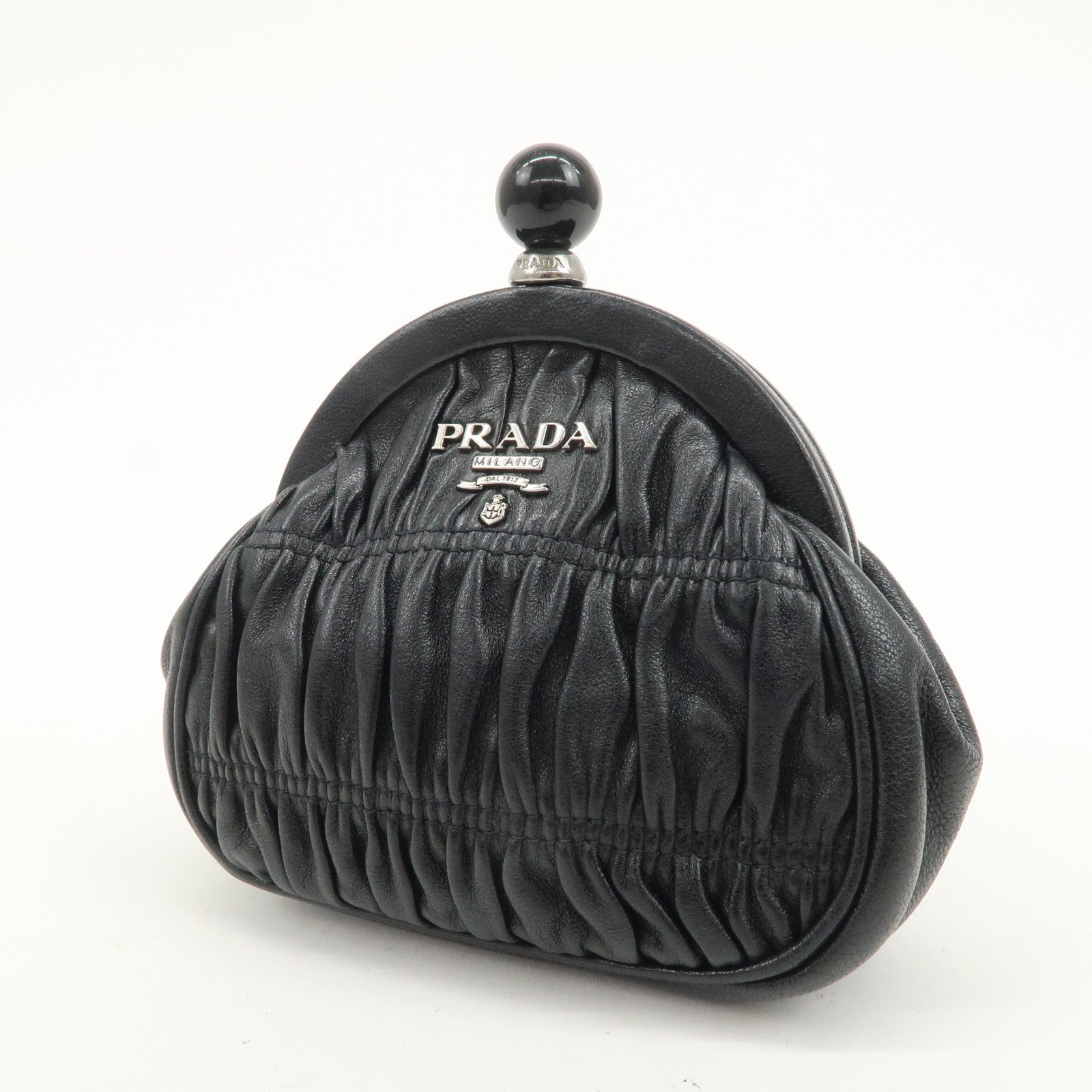 PRADA Logo Gathered Leather Pouch Compact Wallet Coin Case Black