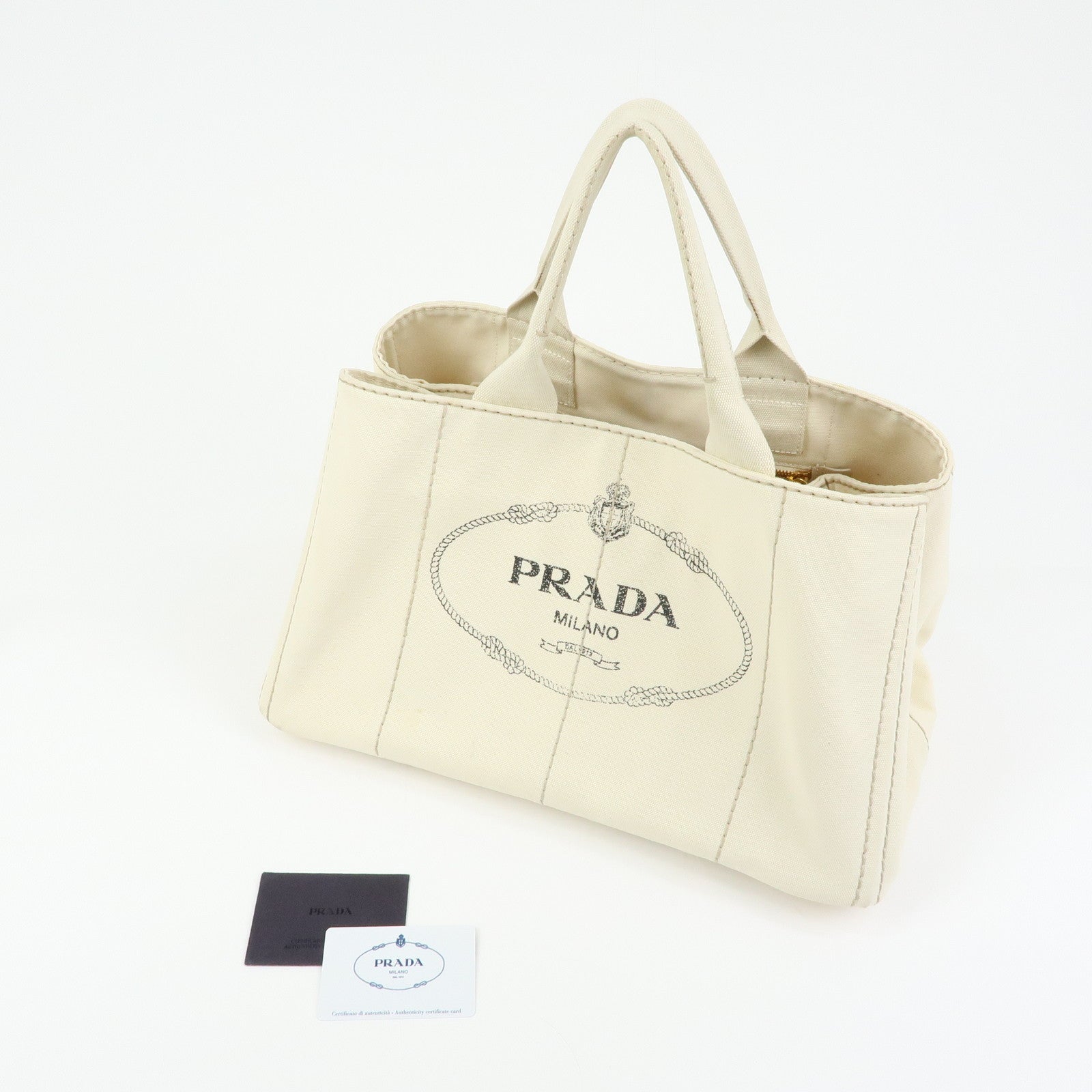 PRADA Canapa Large Triangle Logo Tote Hand Bag Ivory BN1872