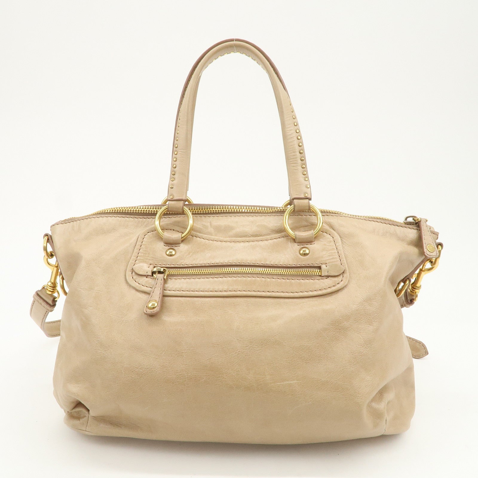 MIU MIU Logo Leather 2Way Bag Hand Bag Shoulder Bag Beige RN0728