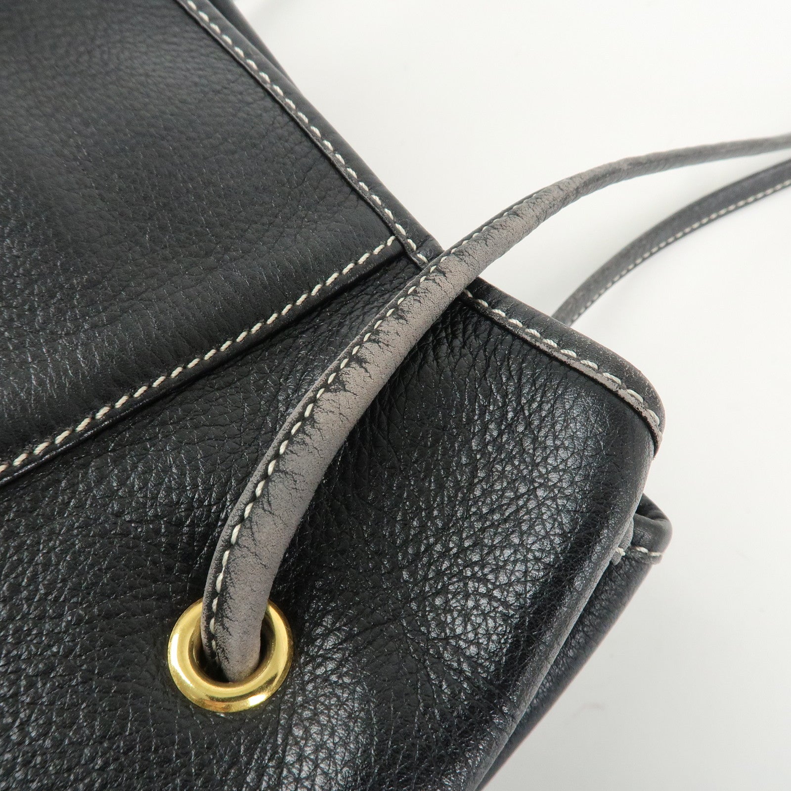 Christian Dior Leather CD Logo Drawstring Shoulder Bag Black Used