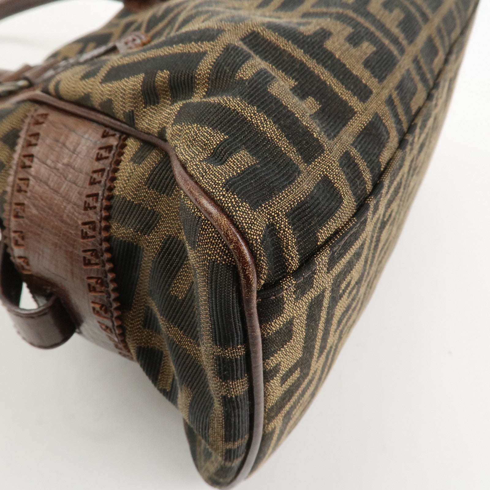 FENDI Etnico Canvas Leather Shoulder Bag Brown Black 8BN157