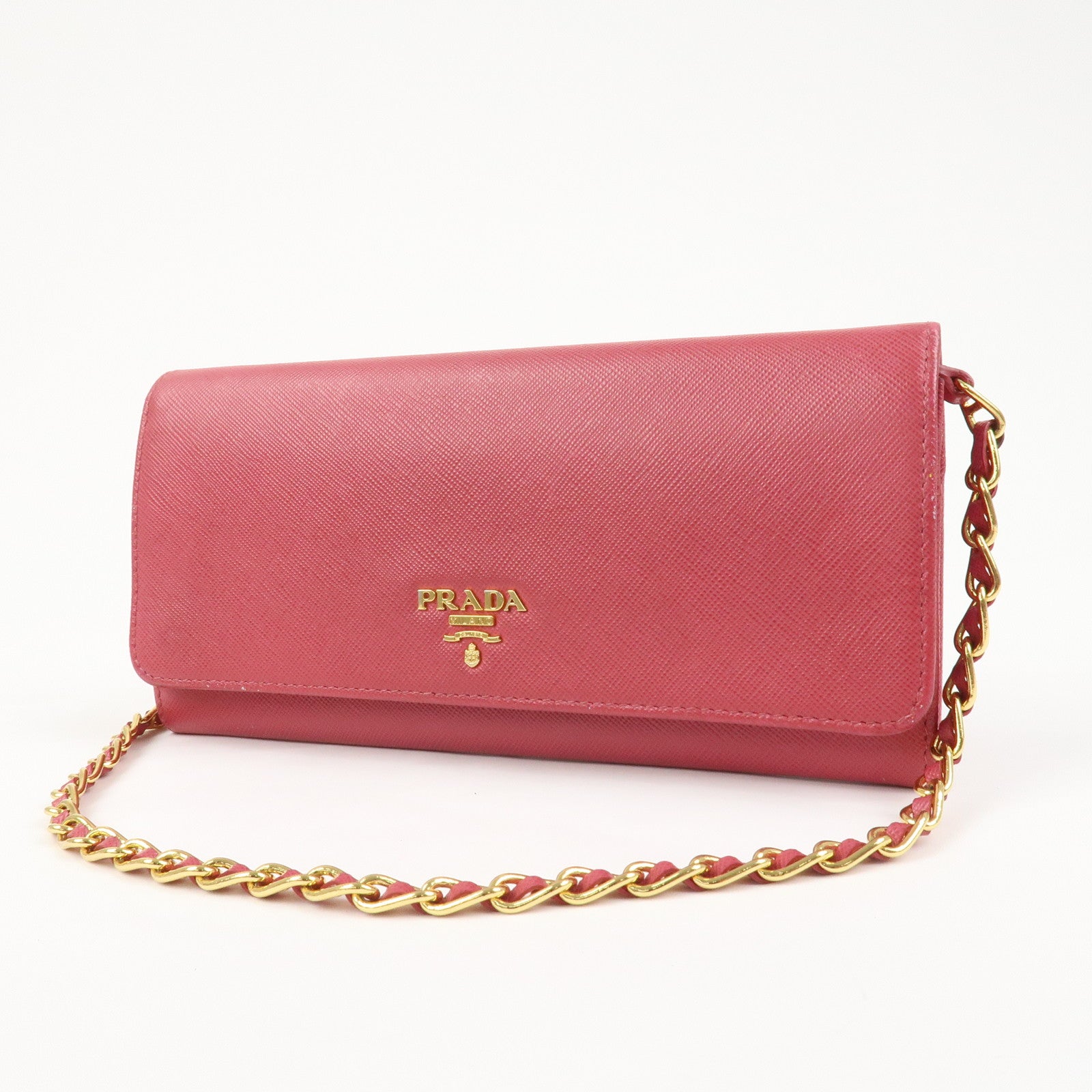 PRADA Logo Saffiano Leather WOC Chain Long Wallet Pink 1M1290