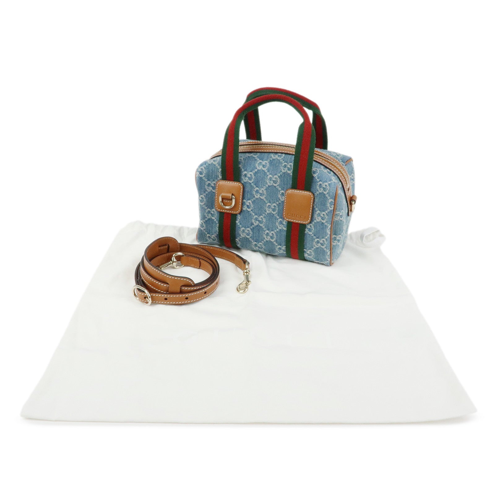 GUCCI Sherry GG Denim Leather 2Way Boston Bag Blue Brown 859975