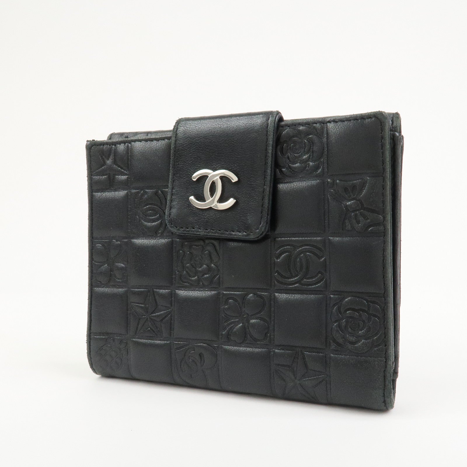 CHANEL Icon Line Lamb Skin W Flap Bi-fold Wallet Black A24212