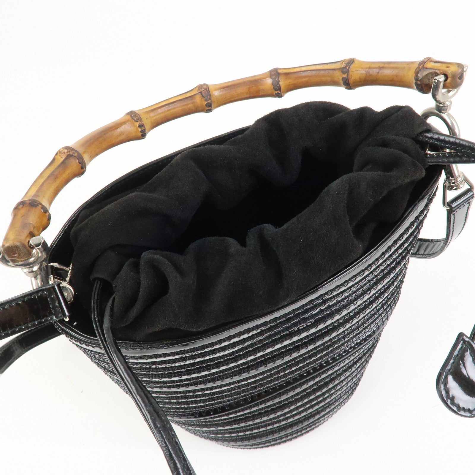 GUCCI Bamboo Patent Leather Suede 2WAY Bag Shoulder Bag Black 18128
