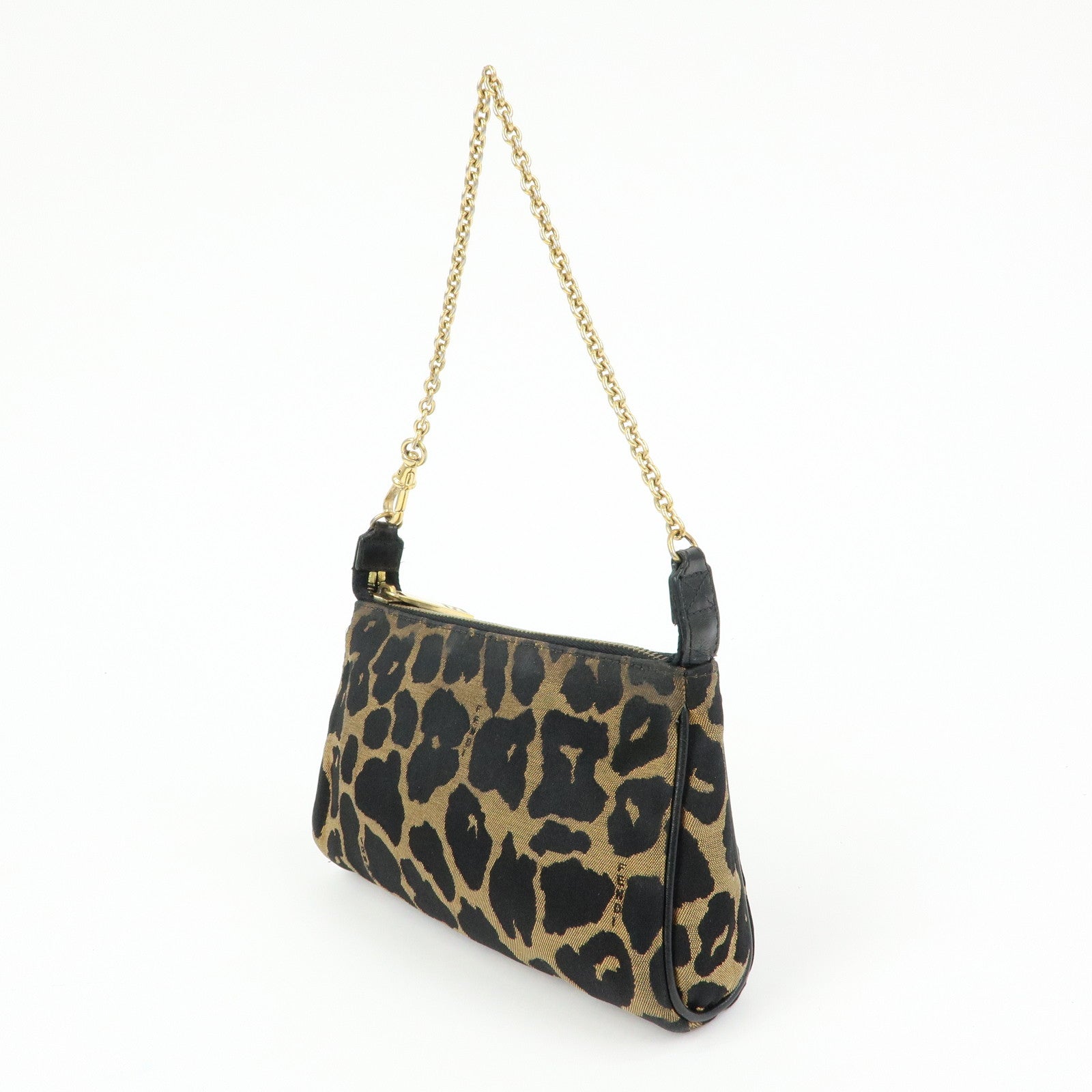 FENDI Canvas Leather Leopard Chain Hand Bag Brown Black 8M0264