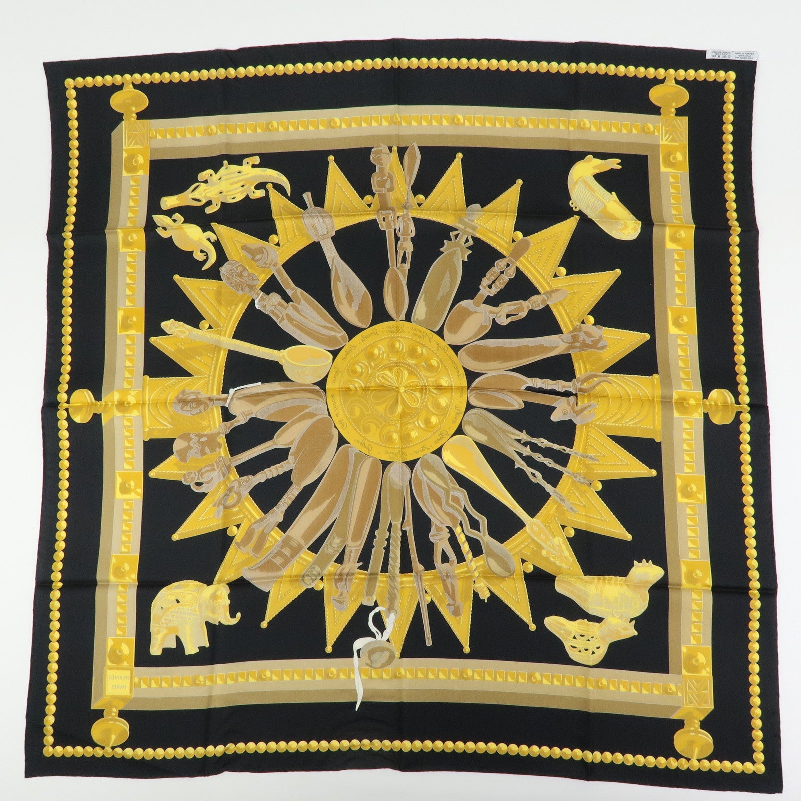 HERMES Carre 90 Silk 100% Scarf CUILLERS D'AFRIQUE Black Gold
