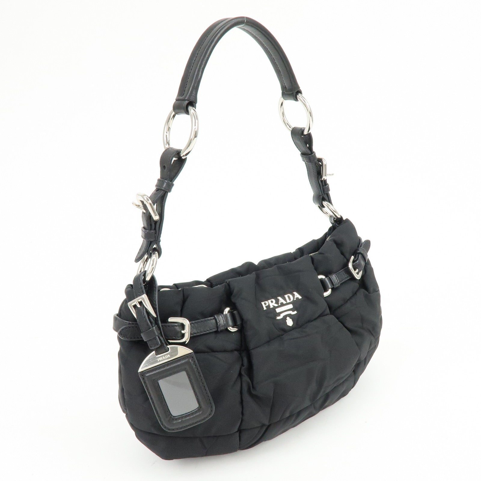 PRADA Logo Nylon Puffy Leather Shoulder Bag Hand Bag Black Silver