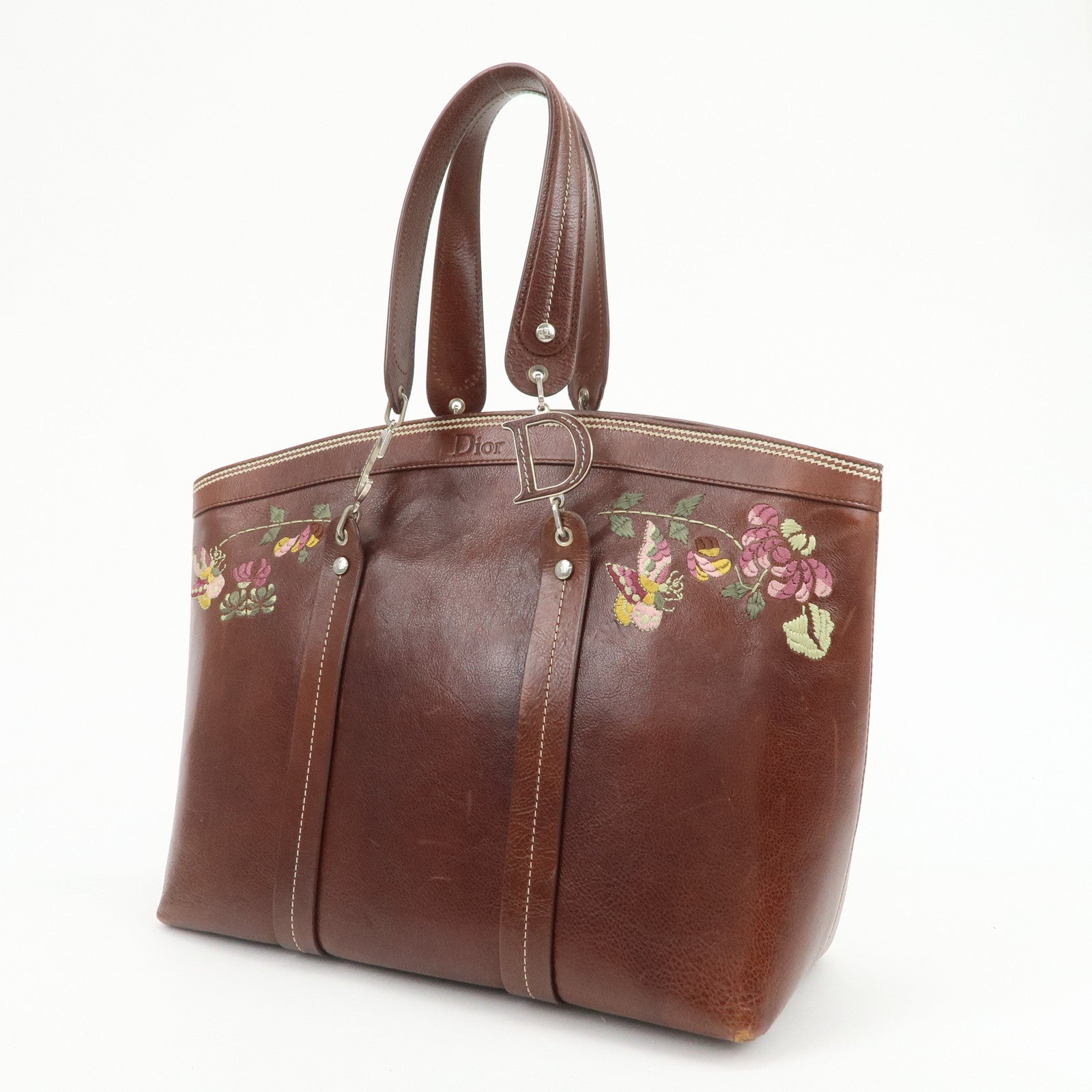 Christian Dior Leather Flower Embroidery Tote Shoulder Bag Brown