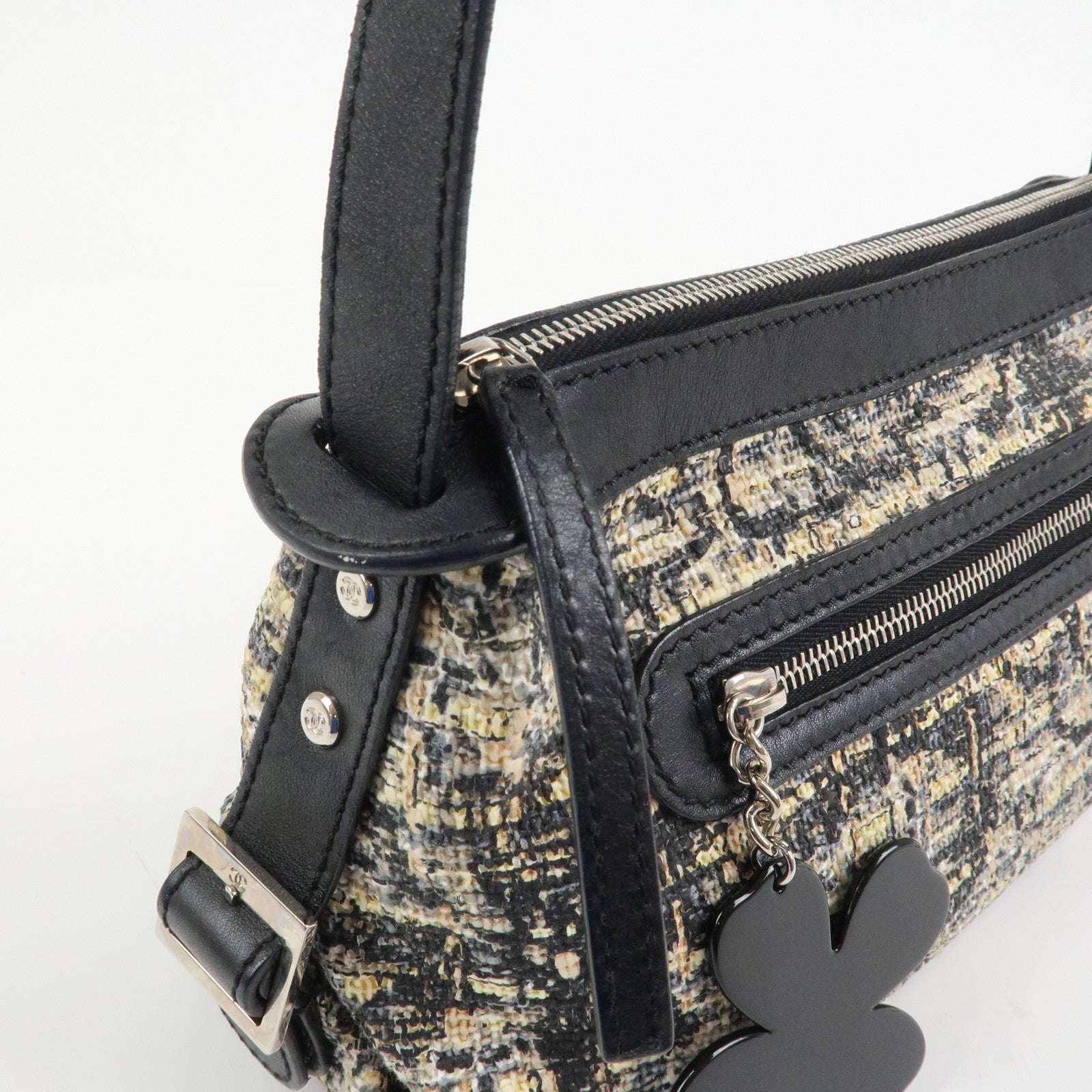 CHANEL COCO Mark Tweed Leather Shoulder Bag Black Multicolor