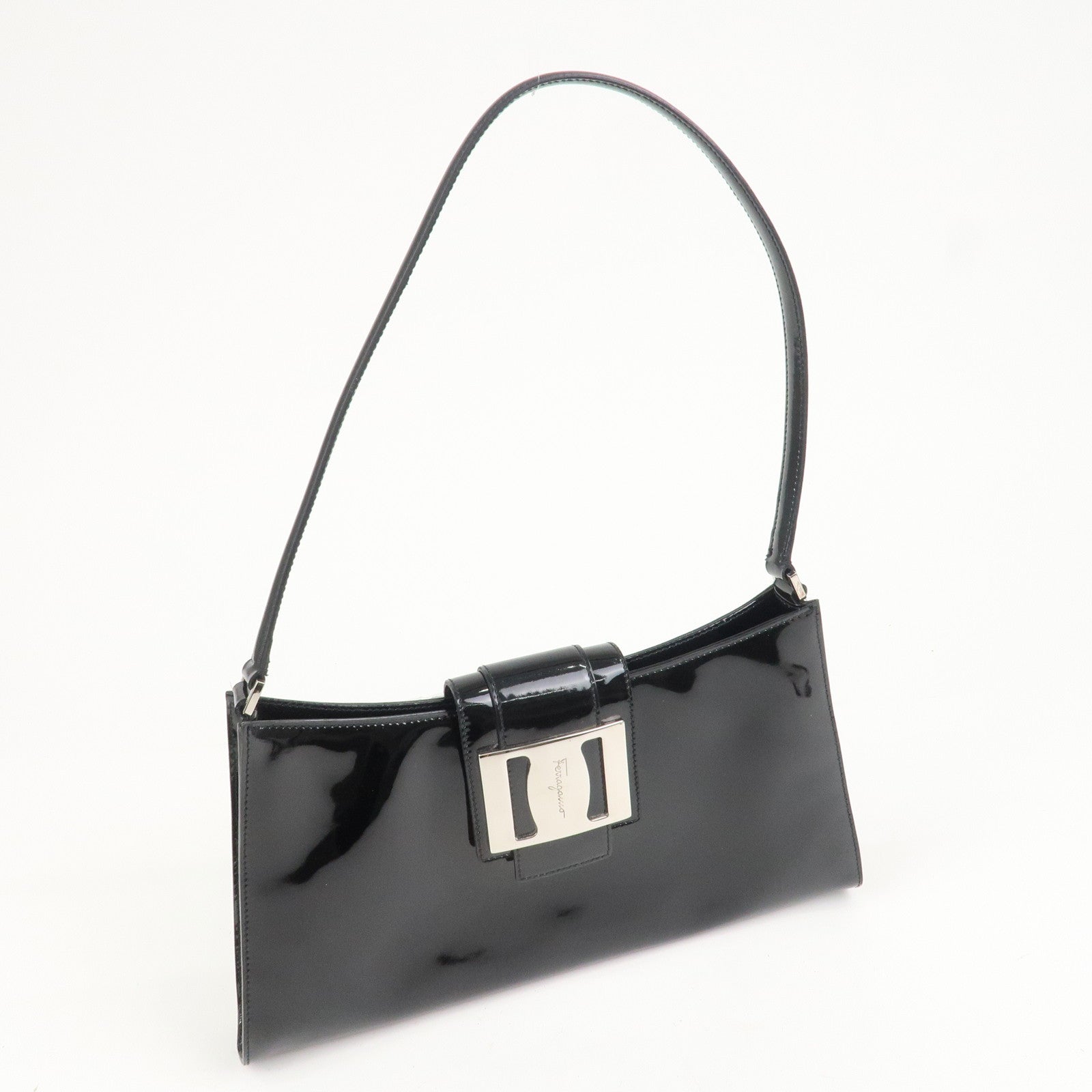 Ferragamo Patent Leather Shoulder Bag Hand Bag Black Silver HDW
