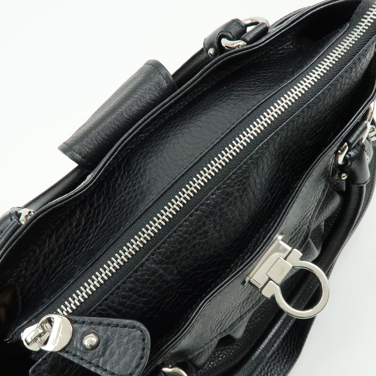 Ferragamo Gancini Leather 2Way Bag Hand Bag Shoulder Bag Black