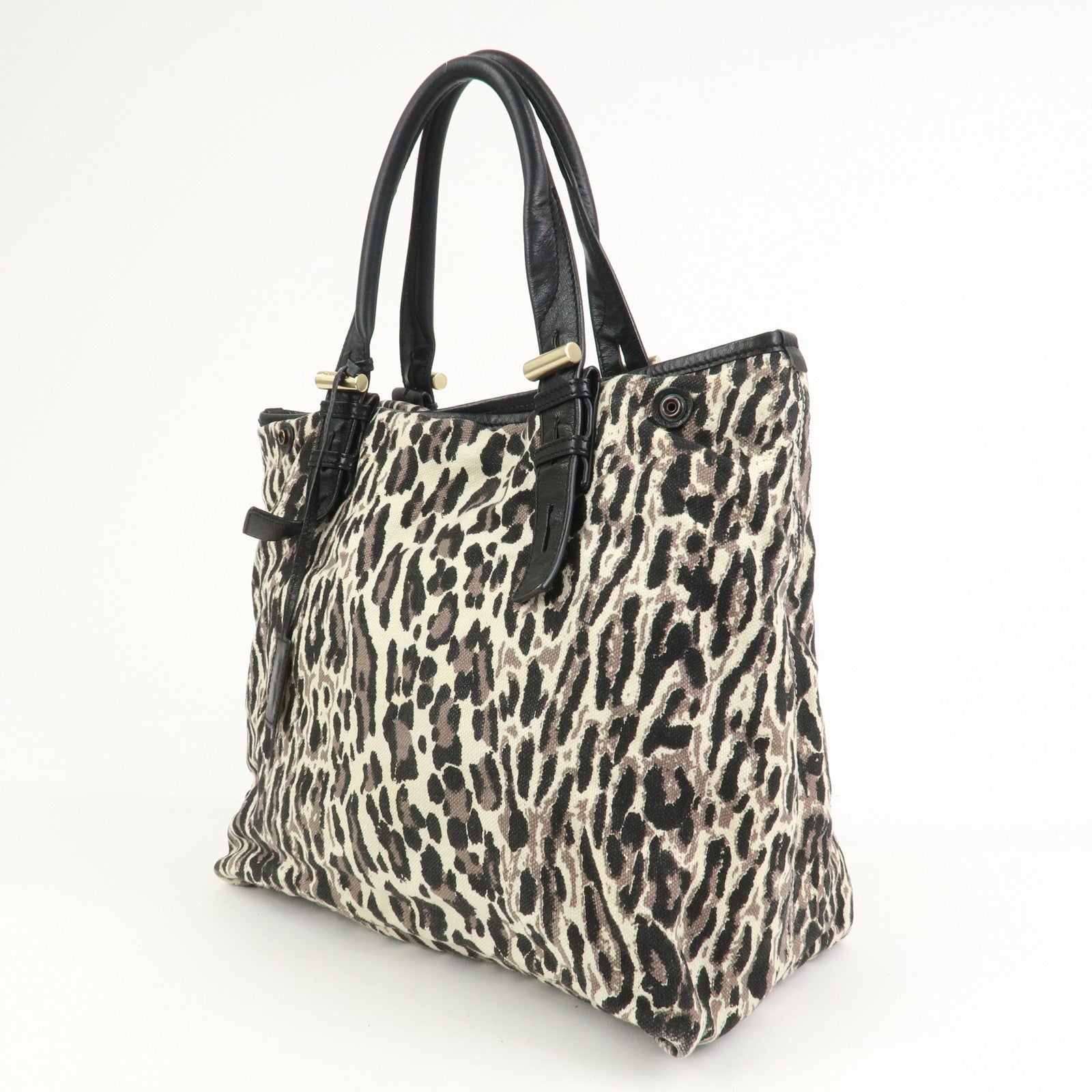 JIMMY CHOO Leopard Canvas Leather Tote Bag Shoulder Bag Ivory Black