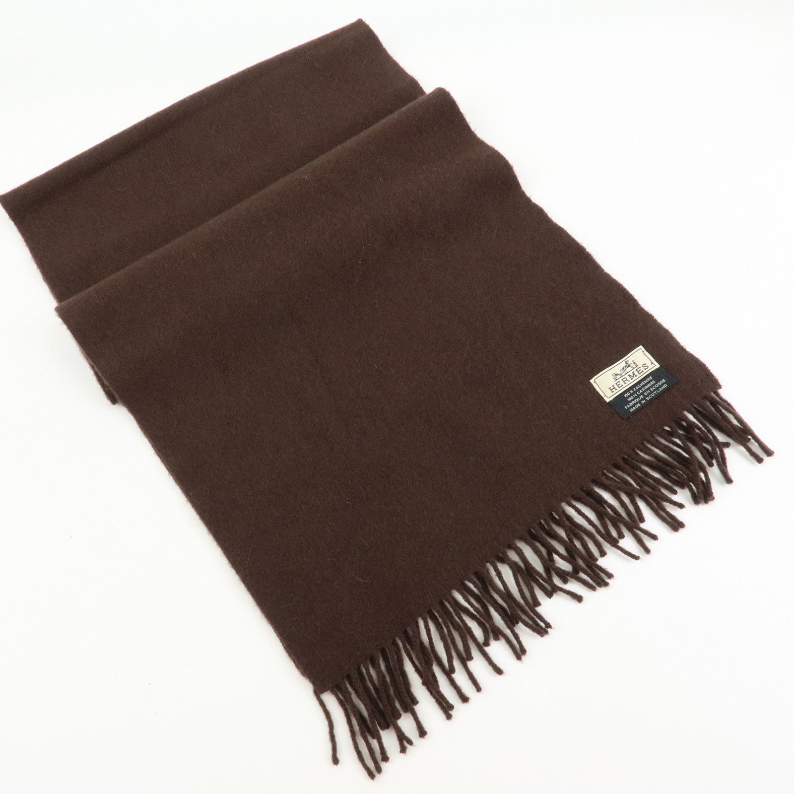HERMES Logo Cashmere 100% Scarf Stole Fringe Dark Brown