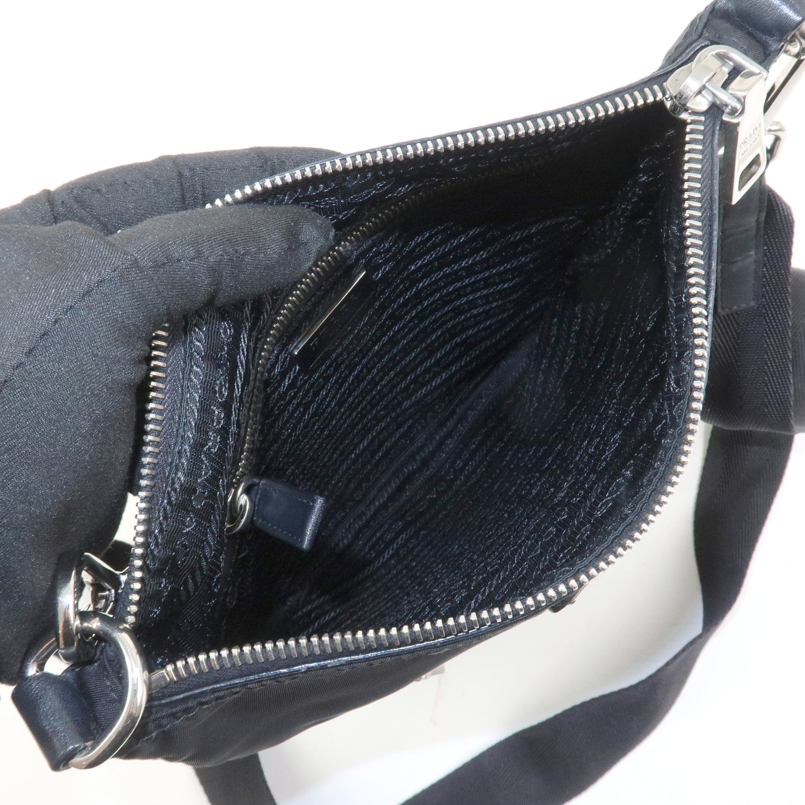 PRADA Triangle Logo Nylon Leather Shoulder Bag Black BT0716