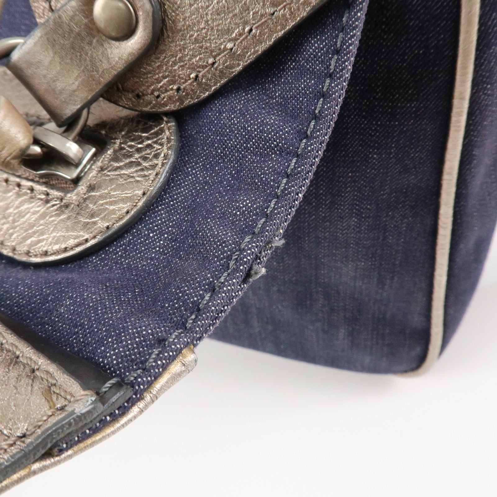 Chloe Denim Leather Shoulder Bag Crossbody Bag Indigo Blue Silver Used