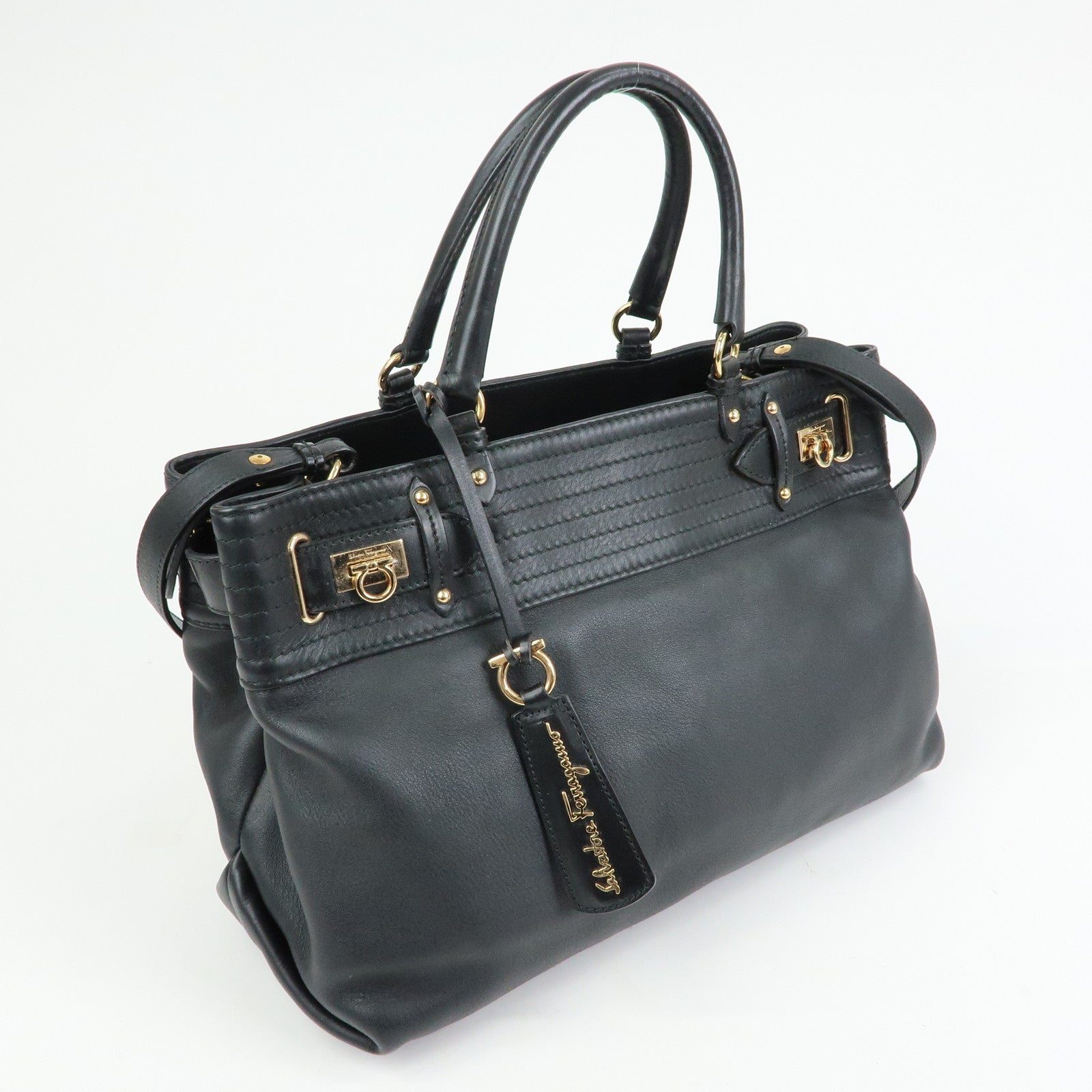 Ferragamo Gancini Leather Tote Bag Hand Bag Black