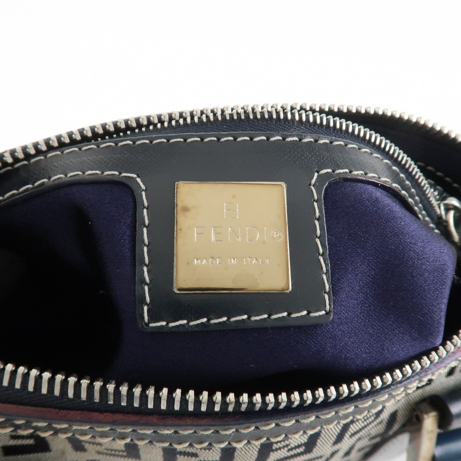 FENDI Zucchino Canvas Leather Hand Bag Mini Boston Bag Navy 16327