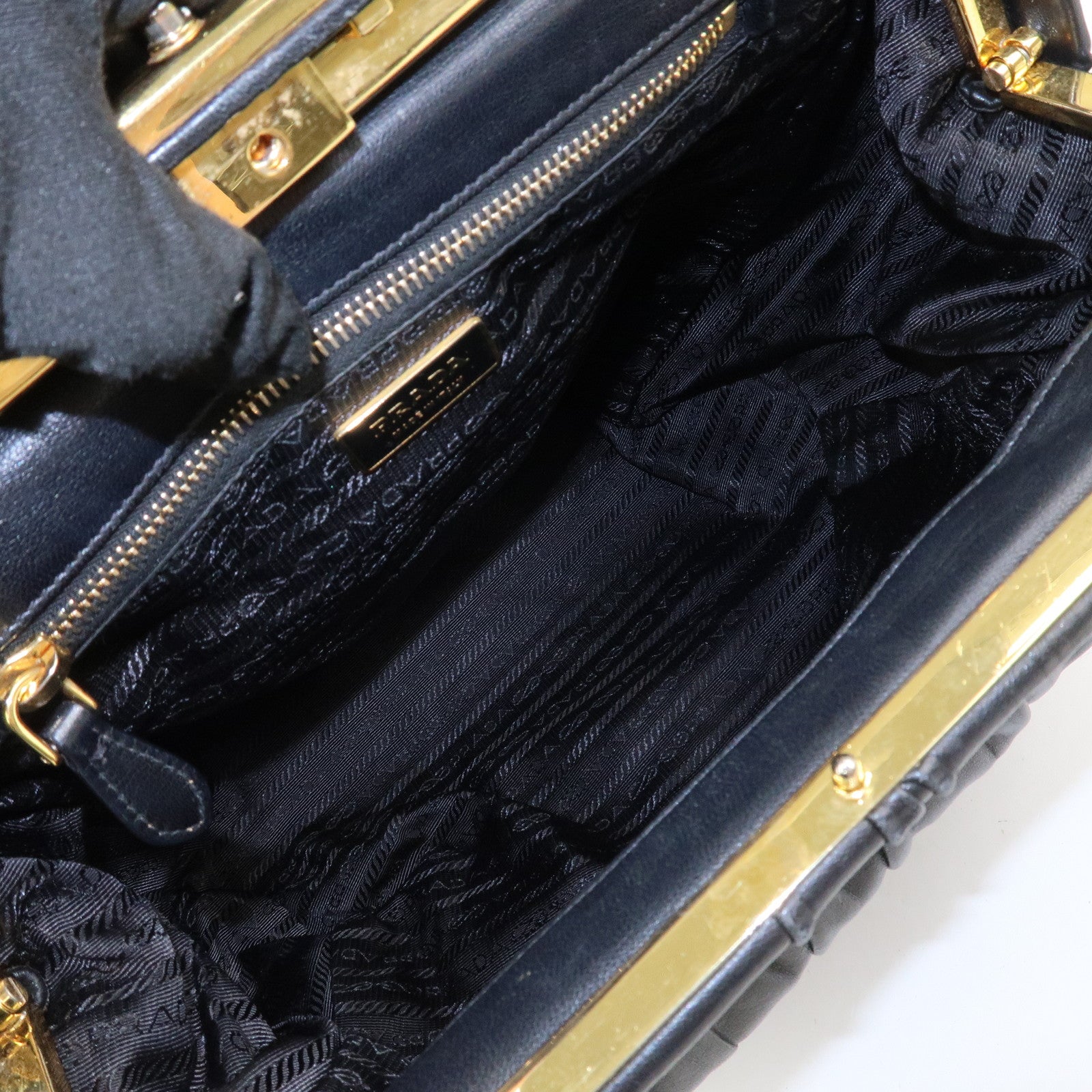 PRADA Logo Nappa Leather Gathered Shoulder Bag Hand Bag Black
