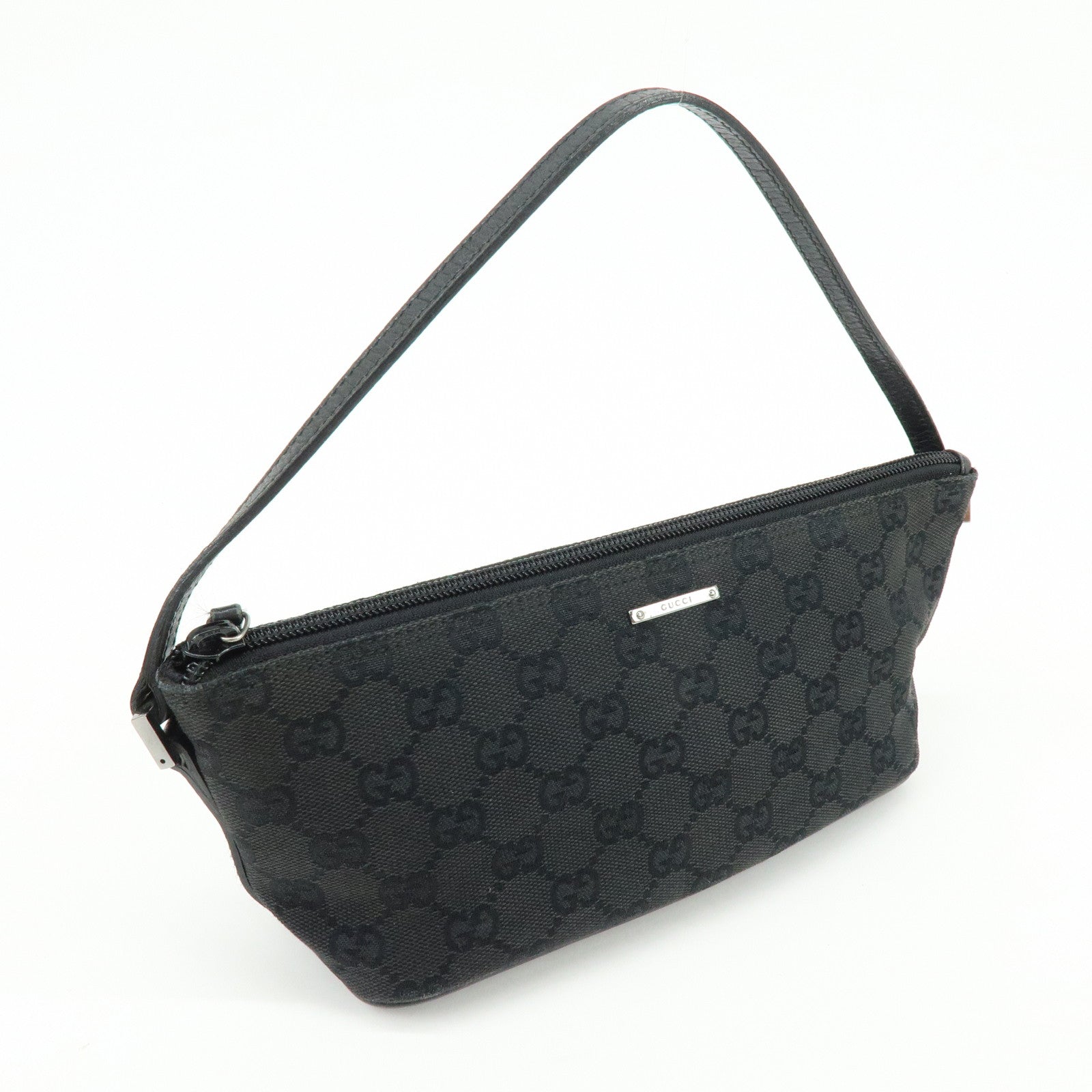 GUCCI Boat Bag GG Canvas Leather Hand Bag Pouch Black 07198