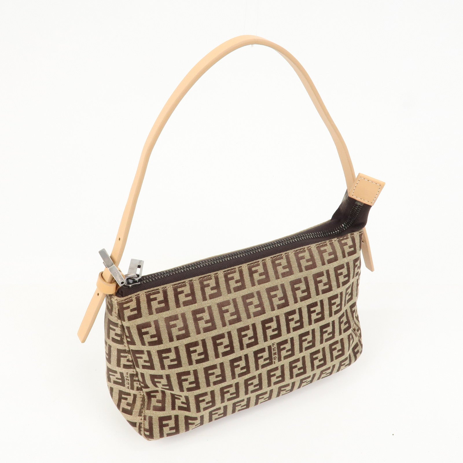 FENDI Zucchino Canvas Leather Shoulder Bag Hand Bag Brown 8BR156