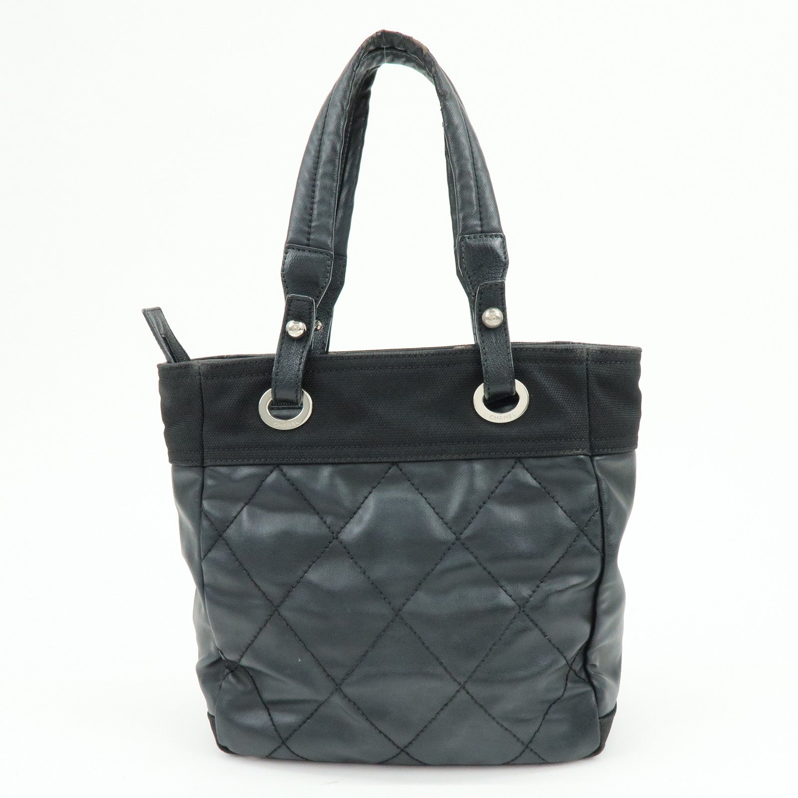 CHANEL Paris Biarritz PM PVC Canvas Leather Tote Bag Black A34208