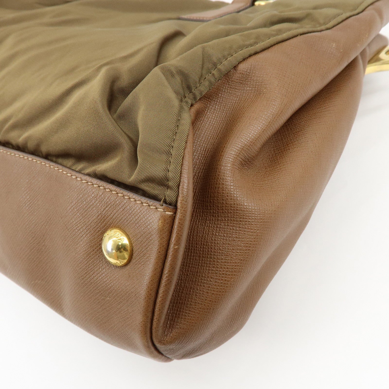 PRADA Triangle Logo Nylon Saffiano Leather 2Way Bag Khaki Brown