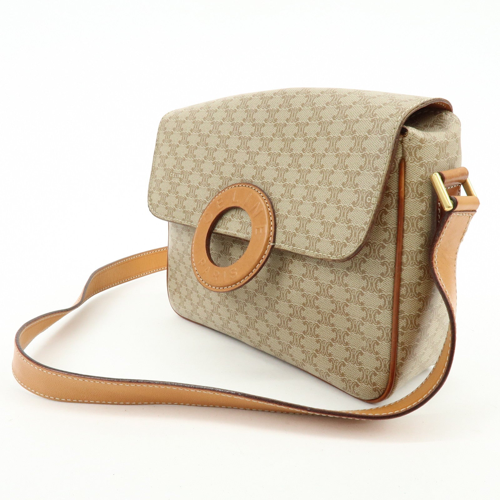 CELINE Macadam PVC Leather Shoulder Bag Crossbody Bag Beige