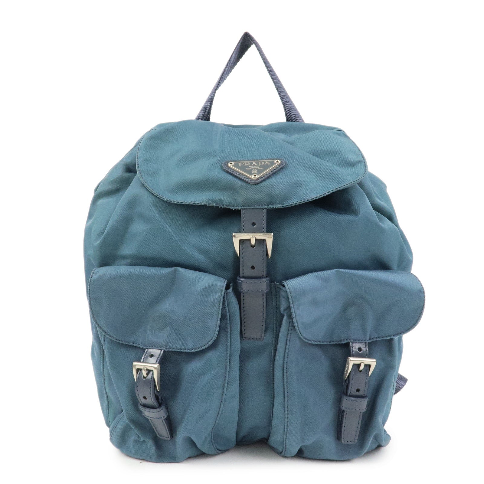 PRADA Triangle Logo Nylon Leather Backpack Rucksack Blue B6677F