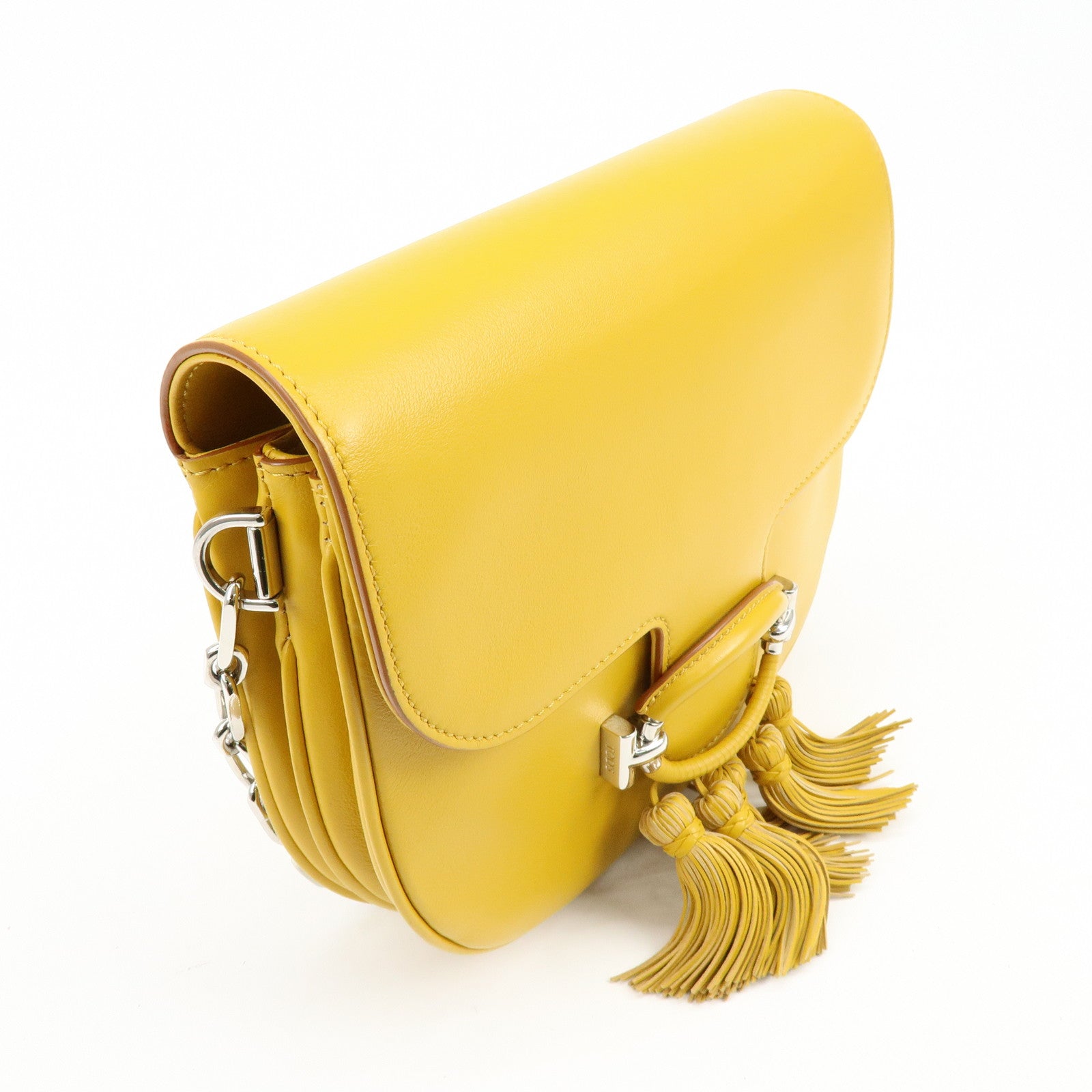 TOD'S Double T Tassel Leather Shoulder Bag Crossbody Bag Yellow