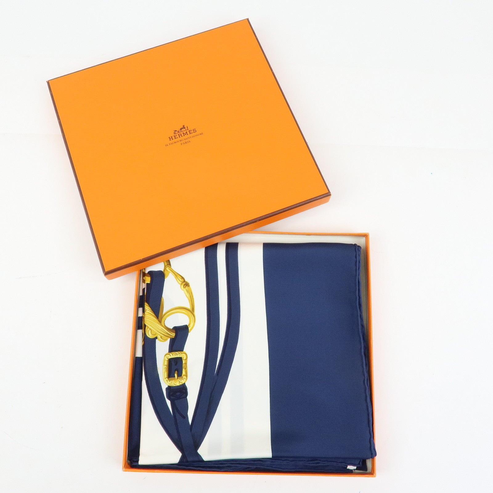 HERMES Carre 90 Silk 100% Scarf BRIDES DE GALA Navy Gold