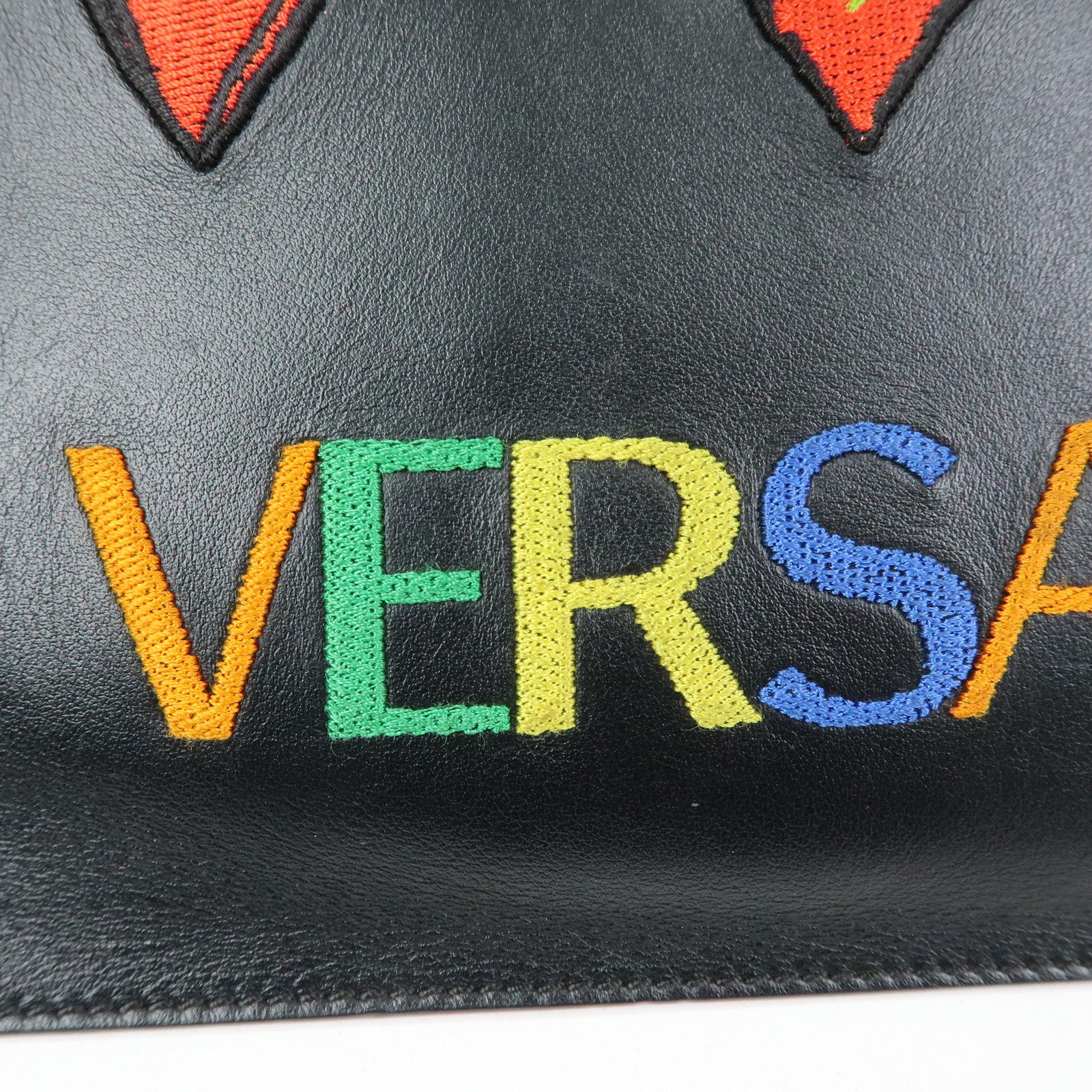 VERSACE Logo Leather Heart Wrist Bag Clutch Bag Black Multicolor