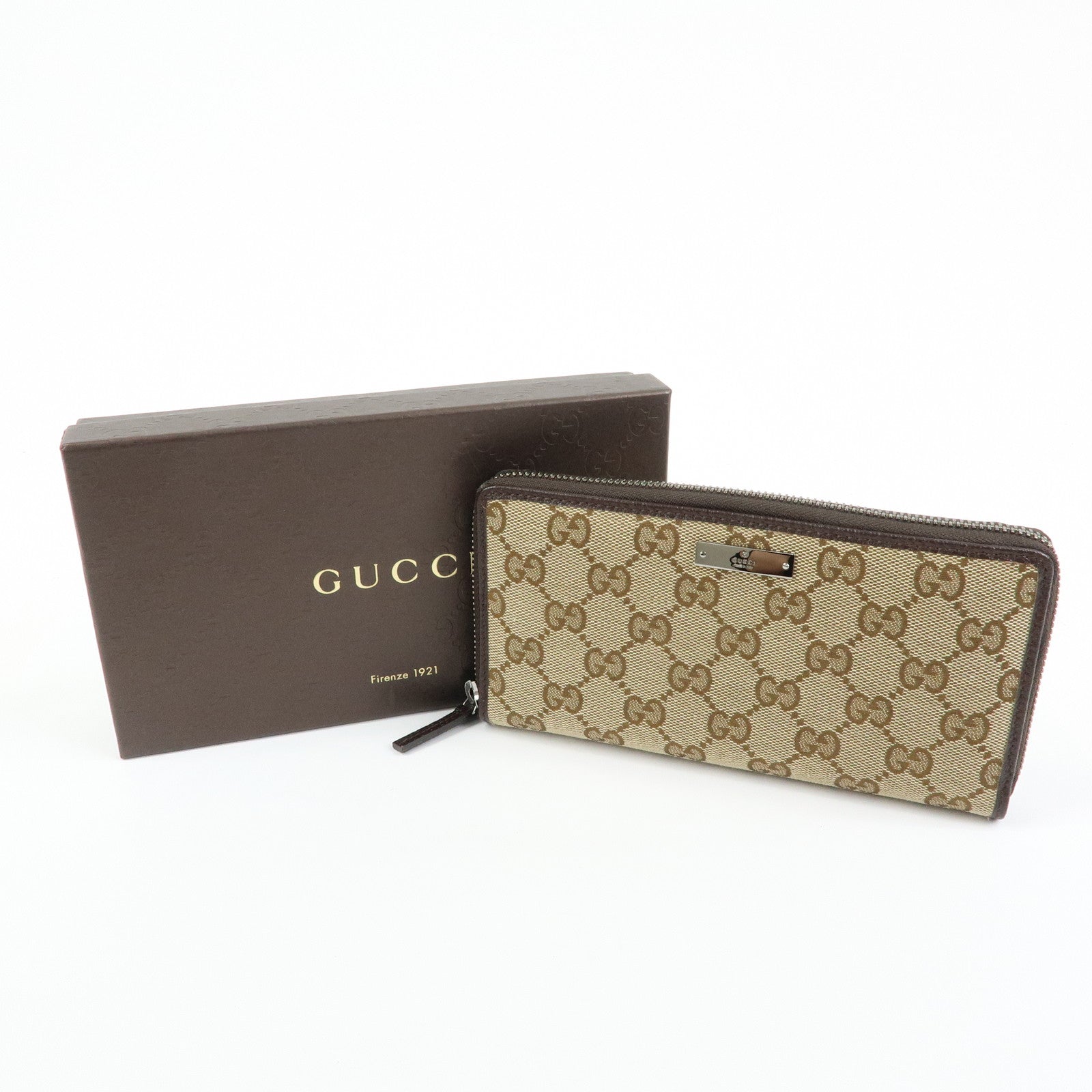 GUCCI GG Canvas Leather Round Zippy Long Wallet Beige Brown 112724