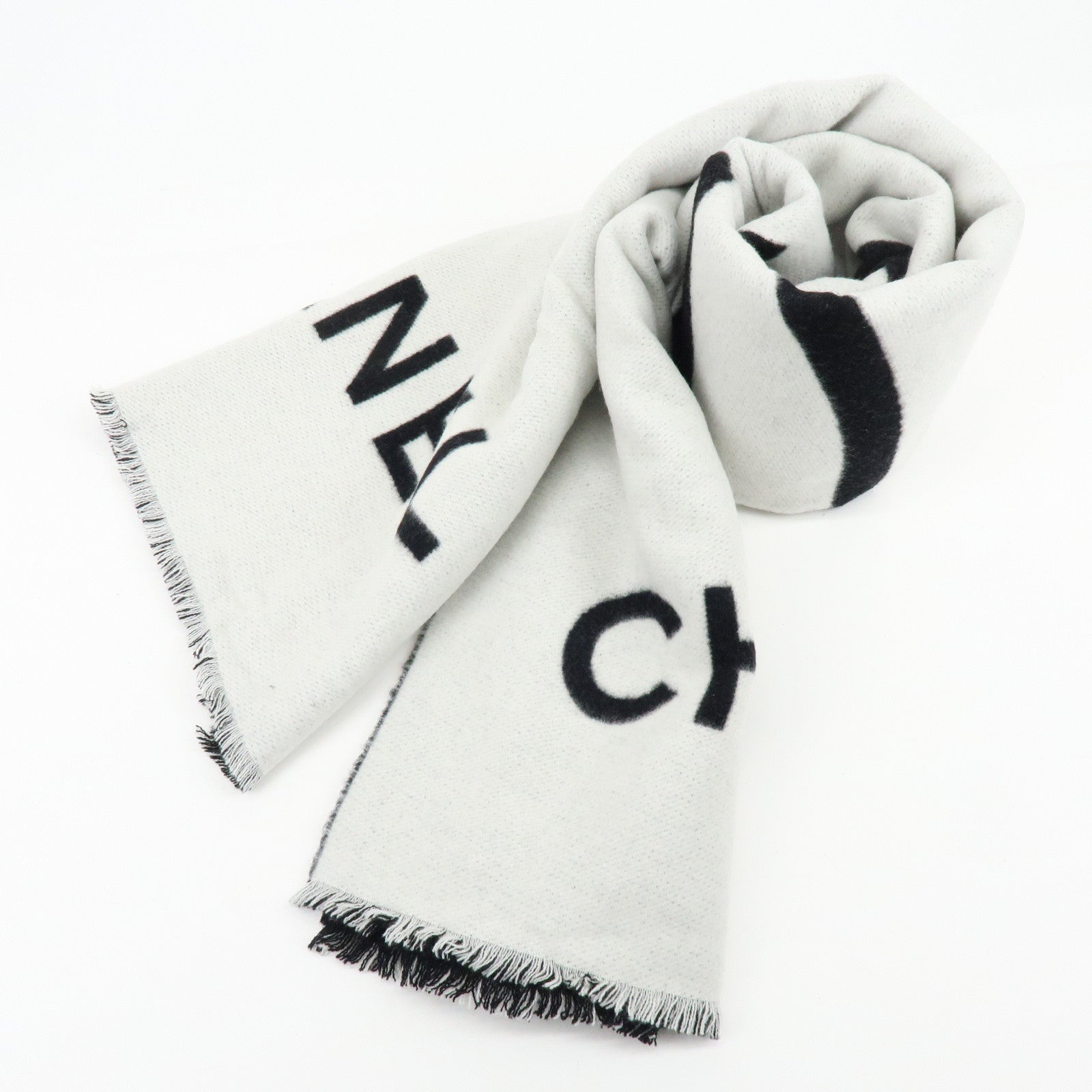 CHANEL Logo COCO Mark Cashmere 100%  Scarf Shawl White Black