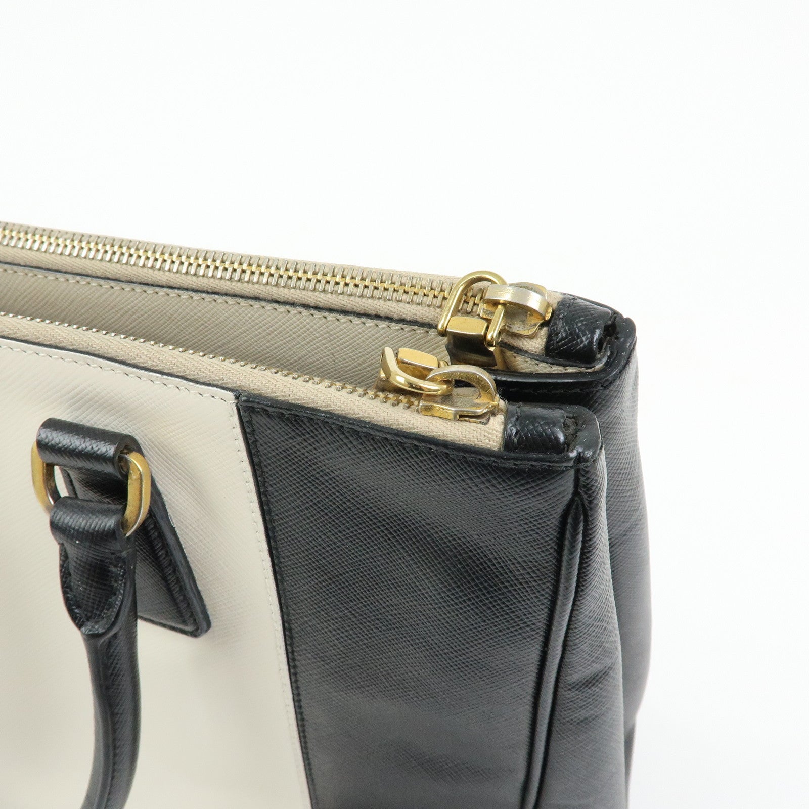 PRADA Triangle Logo Saffiano Leather Hand Bag Tote Bag Ivory Black