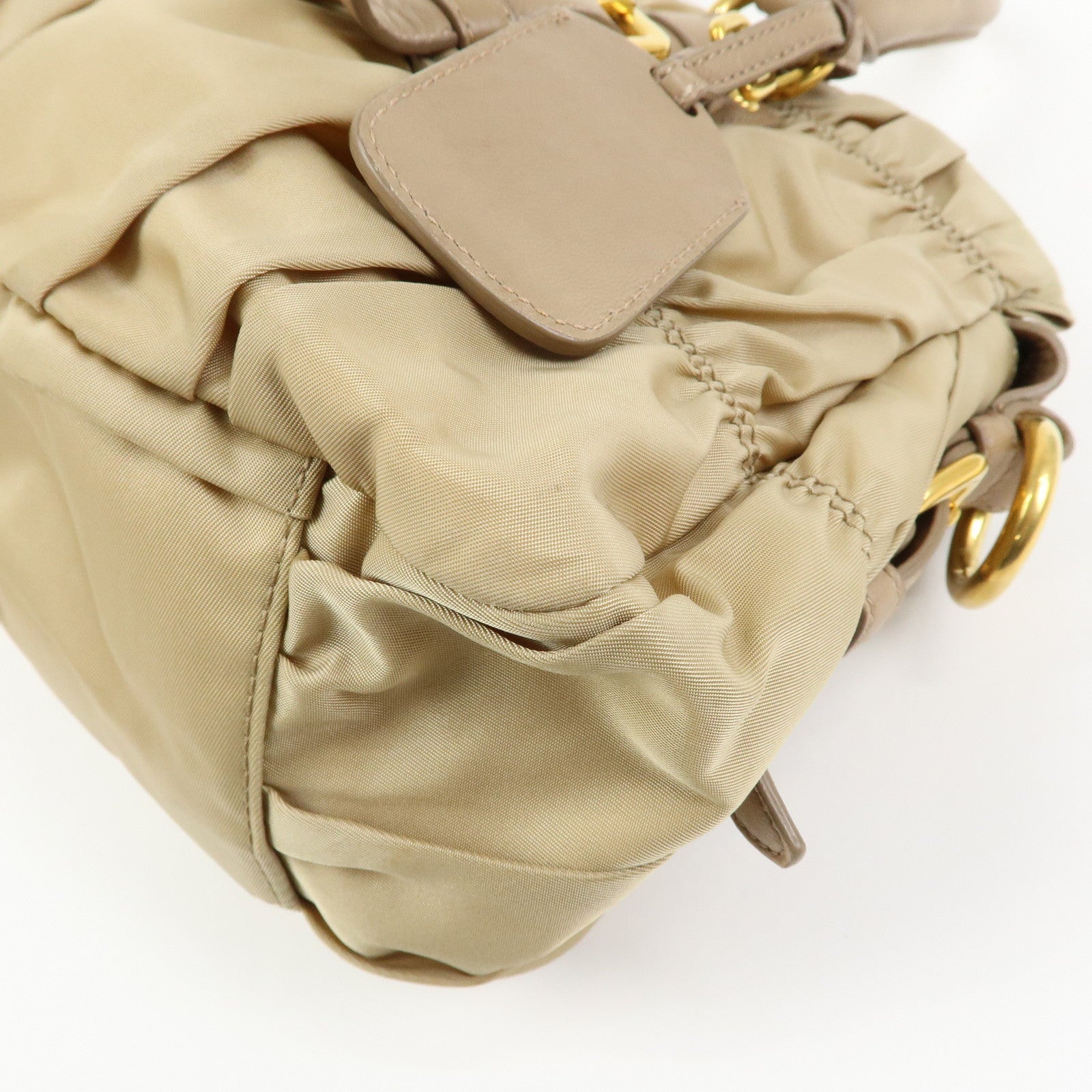 PRADA Gathered Nylon Leather 2Way Hand Shoulder Bag Beige BN1407
