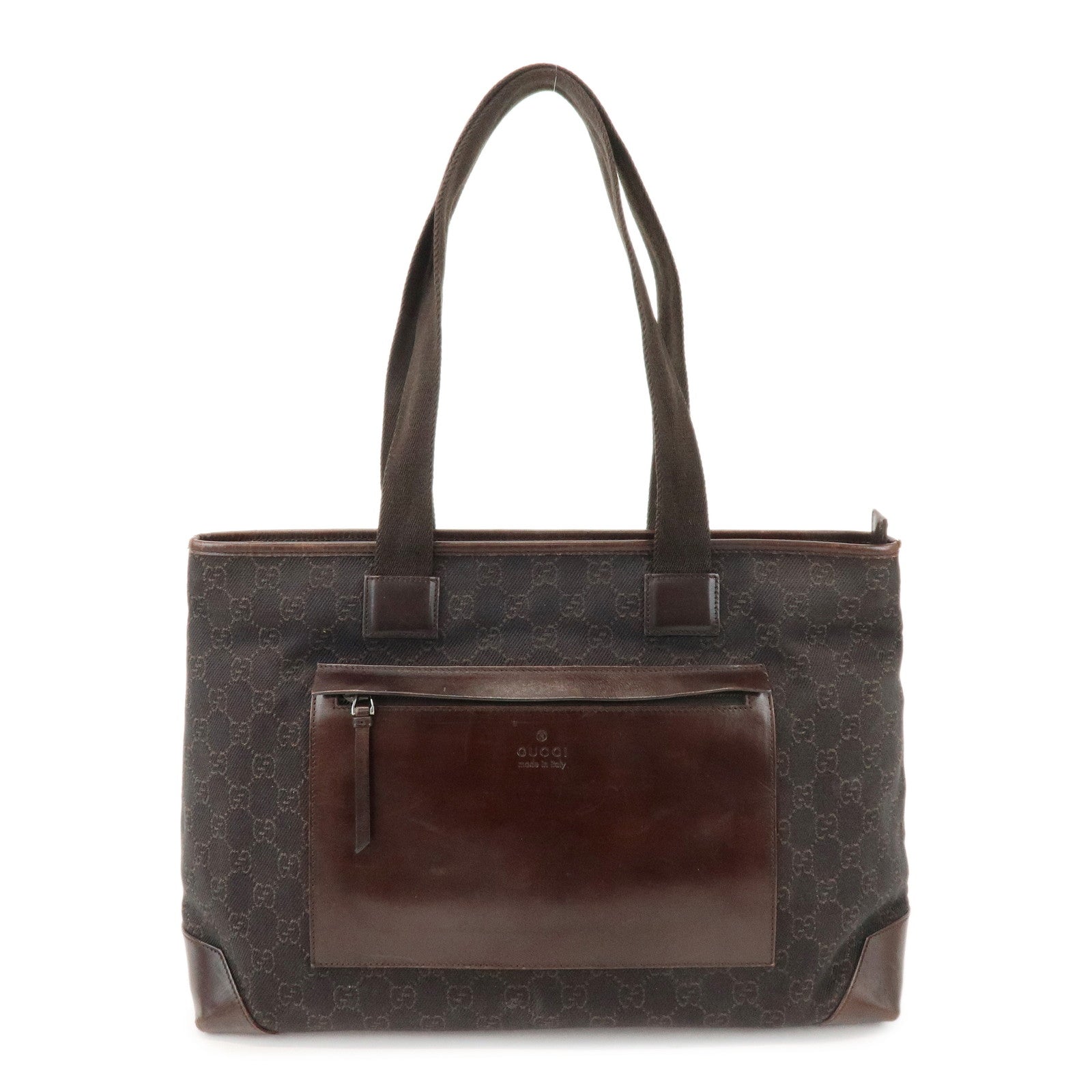 GUCCI GG Canvas Leather Tote Bag Shoulder Bag Dark Brown 34339